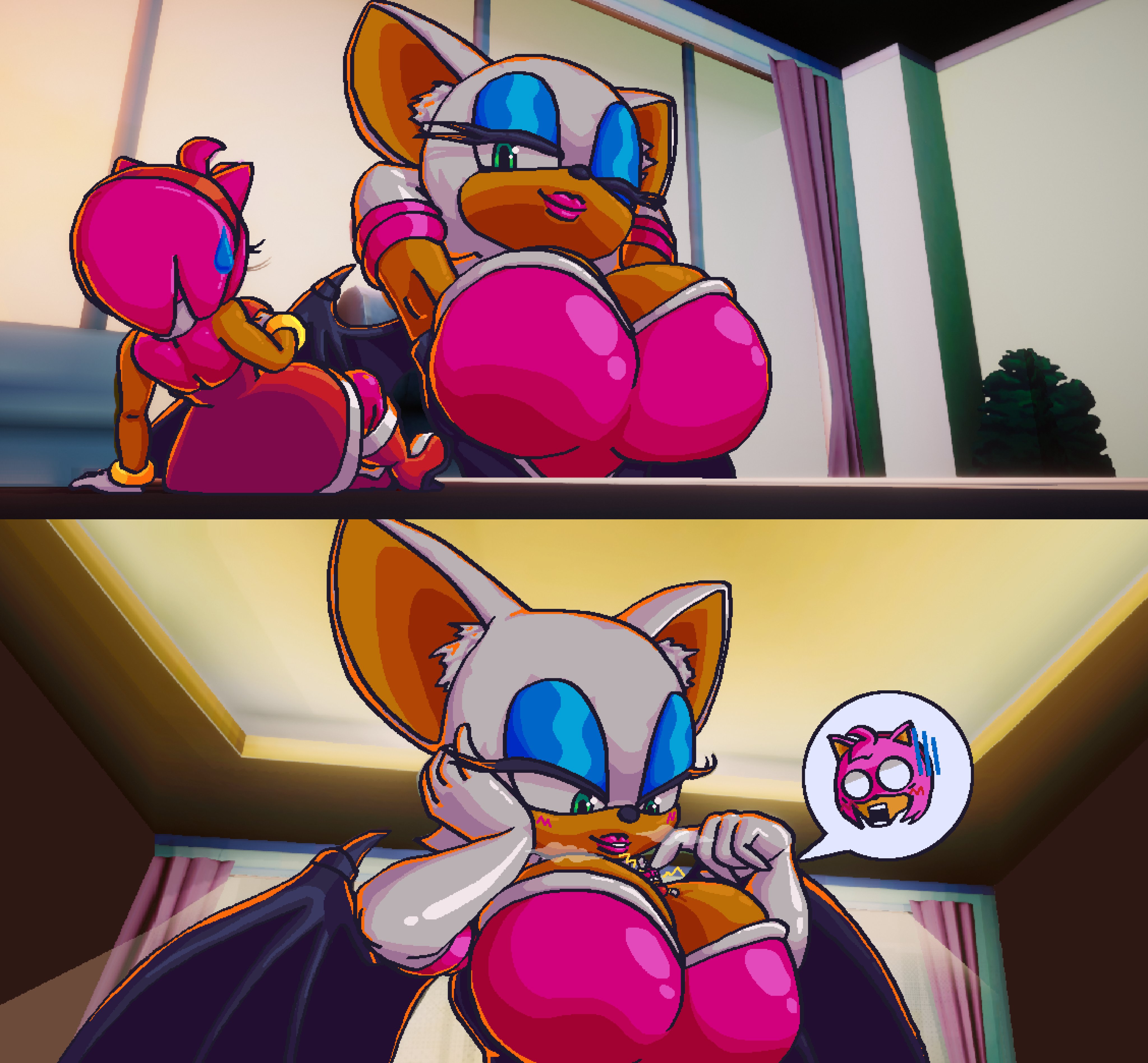 2 panel comic, 2d, 2d (artwork), 2d art, 2d artwork, 2girls, amy rose, anthro, armpits, between breasts, big boobies, big boobs, big breasts, blush, blushing, blushing female, boobs, breasts, female, female anthro, female focus, female only, female/female, giant breasts, giant female, giantess, green eyes, high quality, high resolution, highres, humanoid, long eyelashes, macro, macro female, macro/micro, macrophilia, micro, micro female, pink lips, pink lipstick, pixel (artwork), pixel art, rouge the bat, sega, shocked, shocked expression, shocked eyes, shocked face, shocked female, sonic (series), sonic the hedgehog (series), steamy, sweatdrop, tits, turbado, white gloves, wings, wink, winking