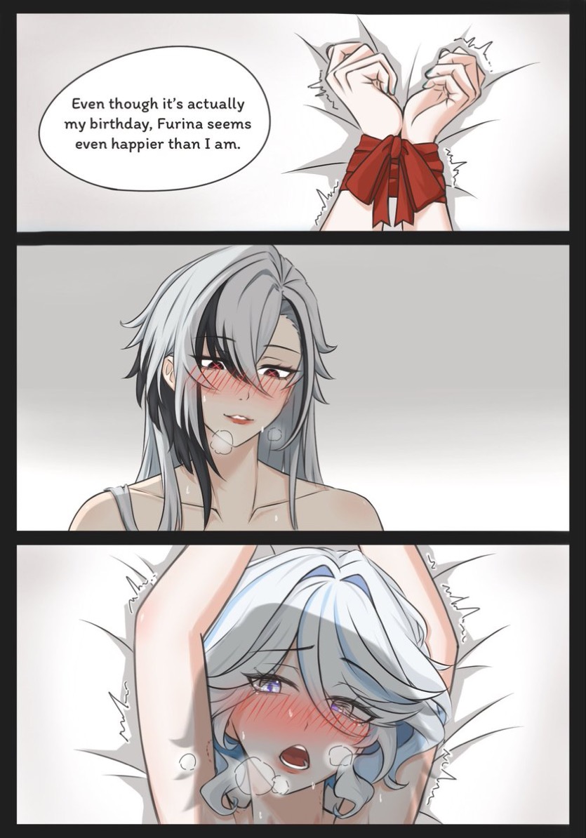 2girls, about to have sex, arlecchino (genshin impact), bondage, furina (genshin impact), genshin impact, implied sex, lesbians, ribbon, ribbon bondage, yuri