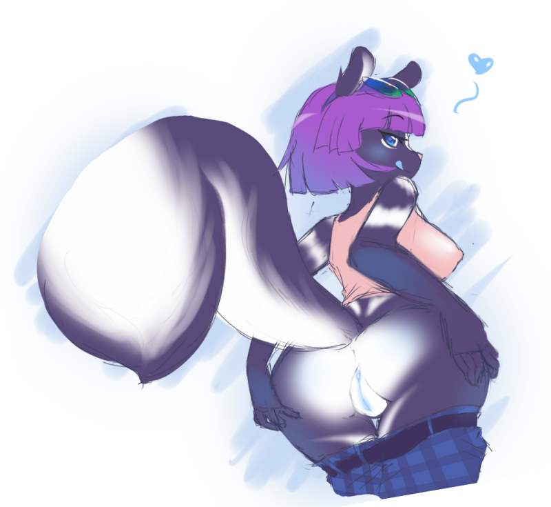 anthro anus ass female hair kanel licking licking_lips looking_at_viewer looking_back purple_hair pussy sketch skimpy skunk solo tasha_voron tongue wide_hips