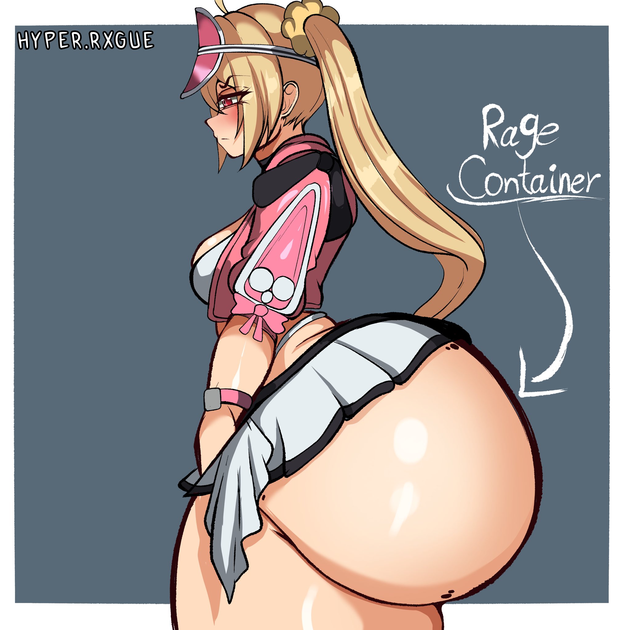 ass, ass bigger than skirt, ass hanging out, ass hanging out of skirt, big ass, blonde hair, breasts, bubble butt, curvy, evil container, fat ass, female, female only, highres, hoyoverse, huge ass, hyperrxgue, long hair, luciana de montefio, luciana de montefio (princess on holiday), lucy (zenless zone zero), massive ass, medium breasts, official alternate costume, plump ass, red eyes, side ponytail, skirt, text, thick, thick ass, thick thighs, wide hips, zenless zone zero