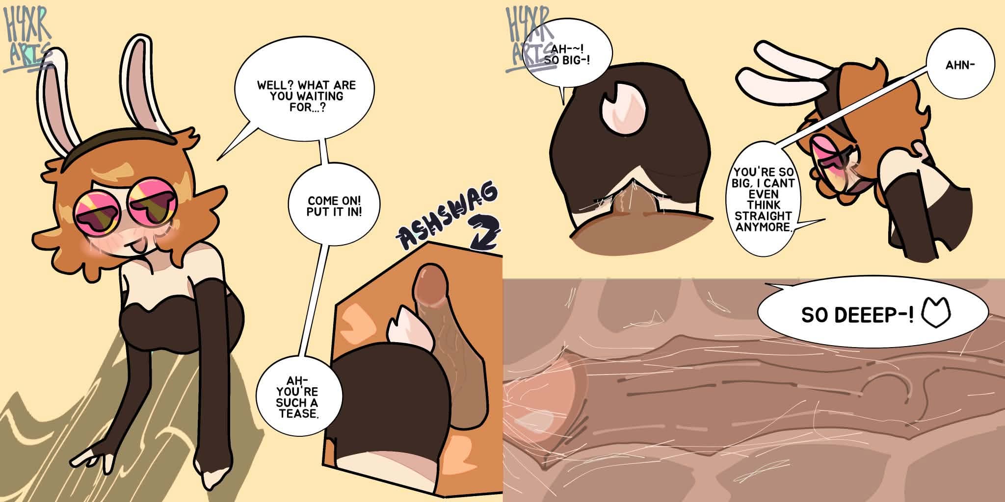 1boy, 1girls, ashswagg, big penis, blushing, brown penis, bunny ears, bunny tail, bunnysuit, cant wait, clothed, clothed sex, comic, cute, dialogue, female, female focus, glasses, lifesteal smp, male, mcyt, minecraft, minecraft youtubers, orange hair, rubbing, squiddo (mcyt), stuck in wall, text, text bubble, twitch, twitch streamer, twitch.tv, twitter, twitter username, unstable smp, unstable universe, x-ray, xray view, youtube, youtuber, youtubers