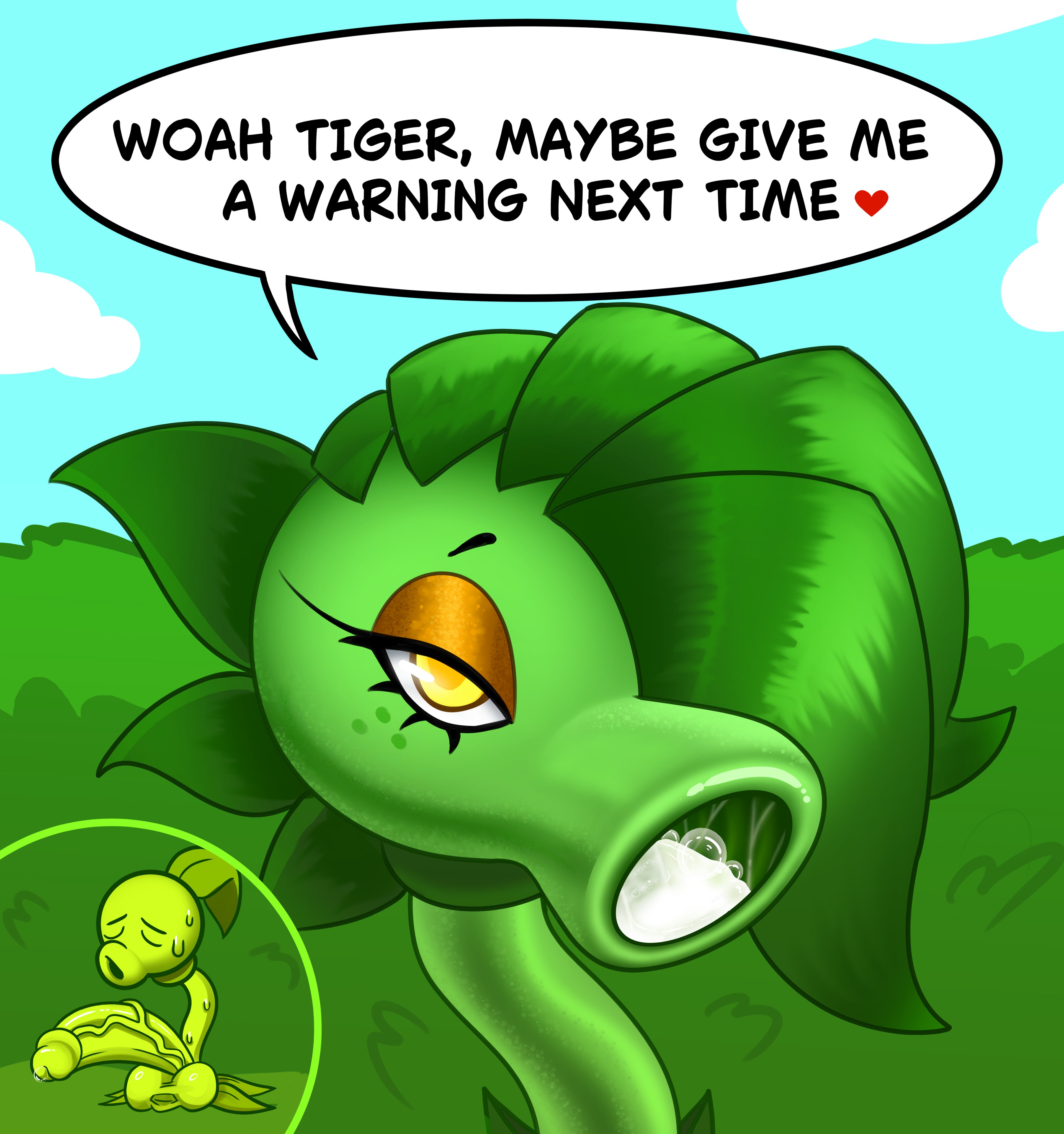 1boy, 1girls, after fellatio, after sex, anthro, anthro character, big penis, breasts, cum, cum in mouth, electronic arts, female, flora fauna, larger female, lemonsqueeze, male, one eye obstructed, oral, peablaze (leafpaw), peashooter (pvz), penis, plant girl, plant humanoid, plantie, plants vs zombies, popcap, popcap games, pussy, pvz, size difference, smaller male, tagme, video game, video game character