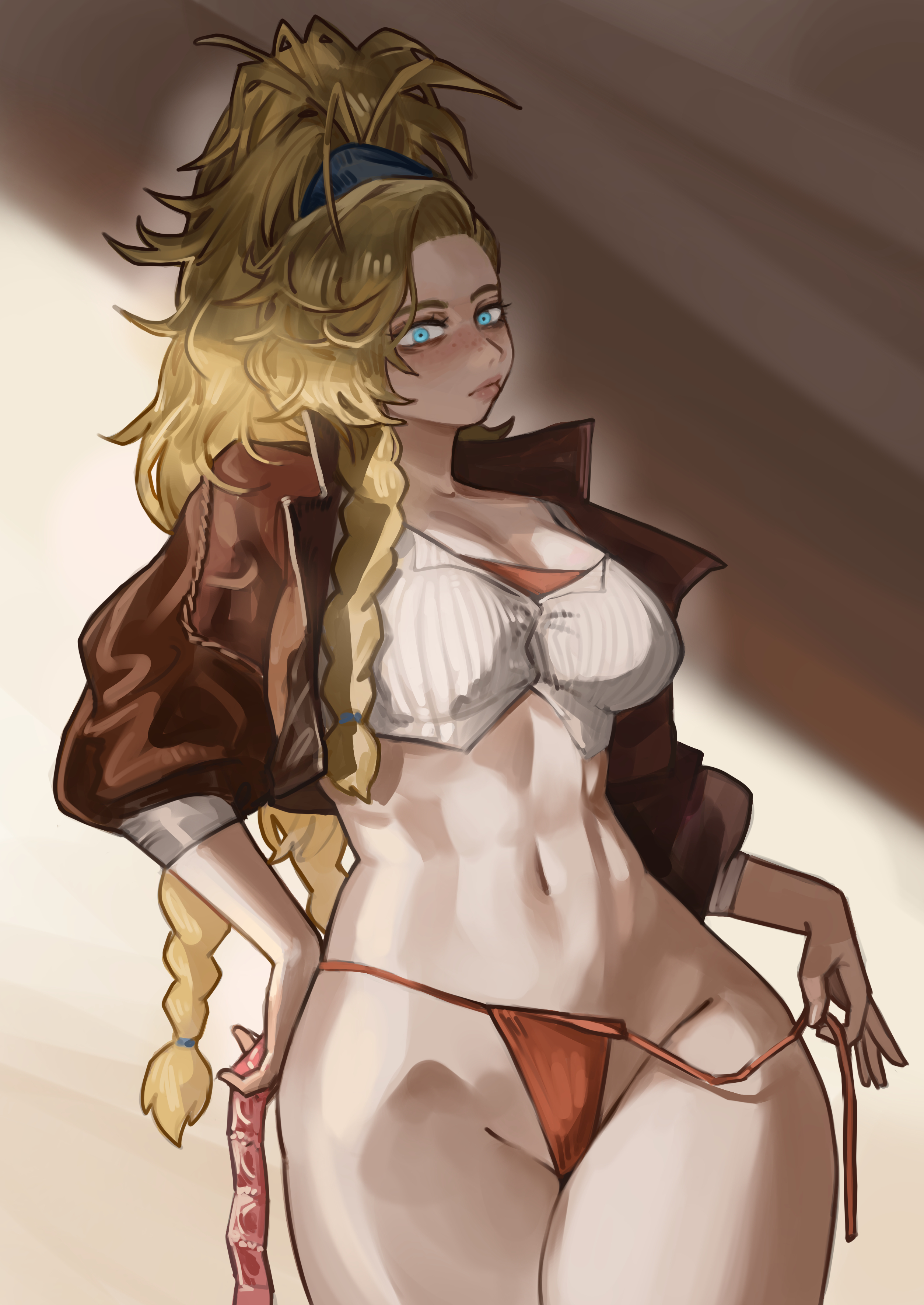 1girls, big breasts, blonde hair, blue eyes, braid, breasts, condom, condom packet strip, crop top, cropped jacket, feet out of frame, female, female only, gemma (monster hunter wilds), holding condom packet strip, inviting, inviting to sex, jacket, large breasts, long hair, looking at viewer, miao jiangyou, monster hunter, monster hunter wilds, navel, no pants, panties, partially clothed, ponytail, removing panties, shirt, undressing
