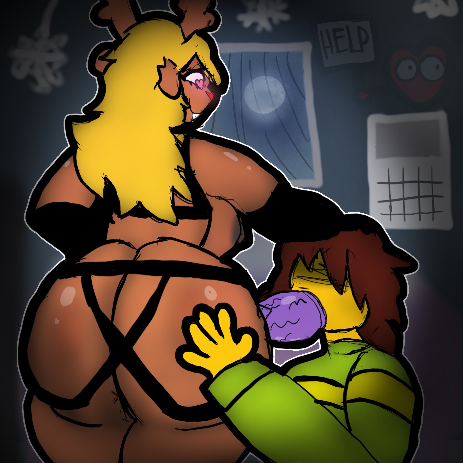 1girls, 1other, ambiguous gender, anthro, ass focus, bedroom, blowjob, butt, butt focus, commission, commission art, commissioner upload, deltarune, deltarune chapter 4, digital drawing (artwork), digital media (artwork), dominant, giant ass, grabbing, grabbing ass, gronc percent, heart-shaped pupils, kris (deltarune), lesbian, noelle holiday, oral, sex toy, soul (deltarune), strap-on, strap-on fellatio, strapon, sweater, trance, undertale (series)
