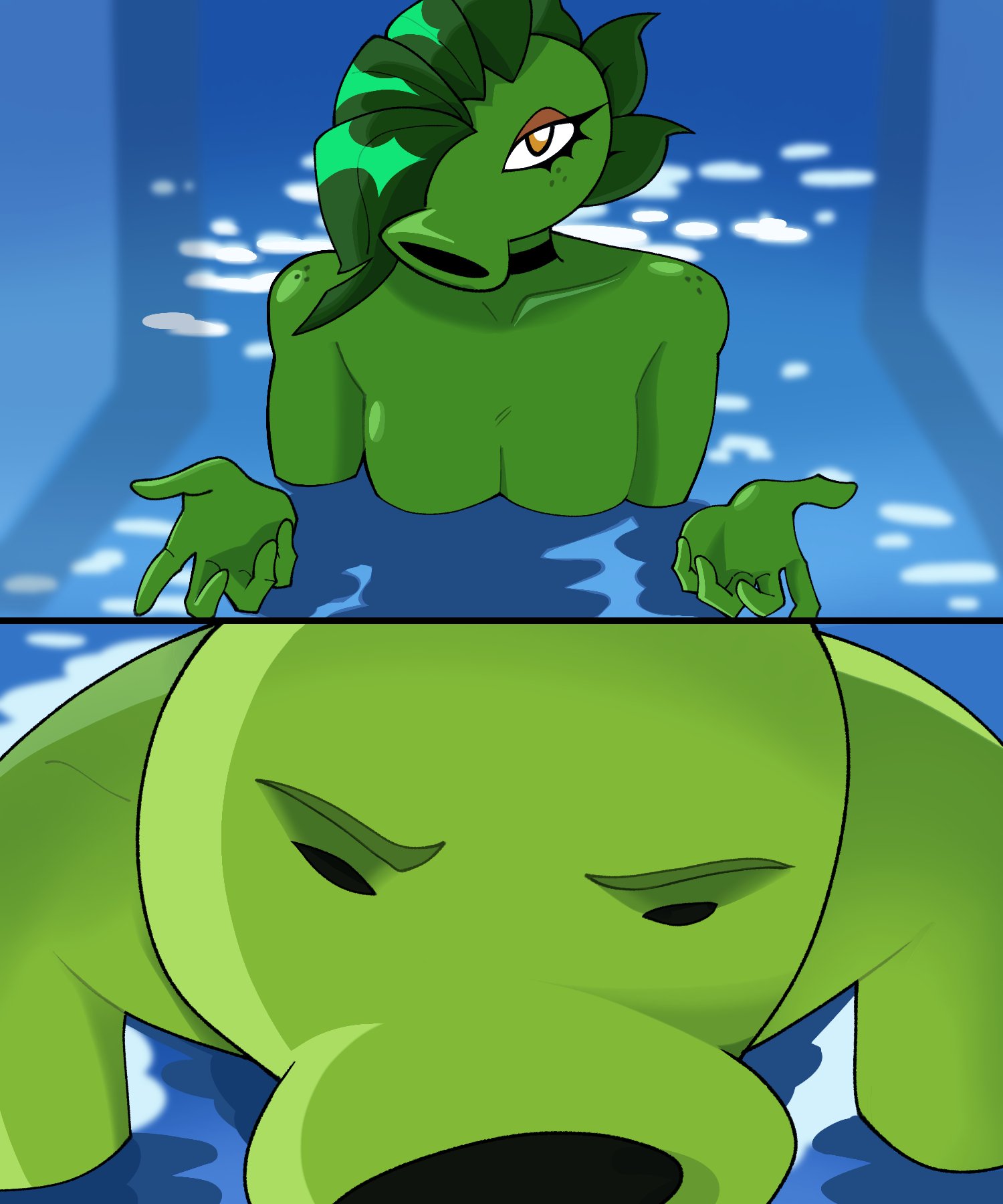 1boy, 1girls, anthro, anthro character, breasts, electronic arts, female, fire peashooter (pvz), flora fauna, i'll teach you everything (chainsaw man), larger female, male, meme, meme reference, one eye obstructed, original character, peablaze (leafpaw), peashooter (pvz), plant girl, plant humanoid, plantie, plants vs zombies, popcap, popcap games, pussy, pvz, reze in the pool (meme), size difference, smaller male, tagme (artist), video game, video game character