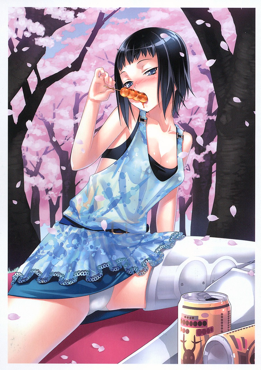 1girls amputee asymmetrical_clothes bangs belt black_bra black_hair blue_eyes blunt_bangs blush bob_cut bra breasts can cherry_blossoms cleavage clothes dress eating embarrassed female fingernails food hair highres holly_summers kousaki_rui leaning lingerie lipstick makeup nail_polish nature no_more_heroes open_mouth outdoors panties pantyshot pantyshot_(sitting) pantyshot_sitting petals pink_nails scan see-through sexually_suggestive short_hair single_thighhigh sitting sky solo suda_51 thighhighs tree underwear white_panties