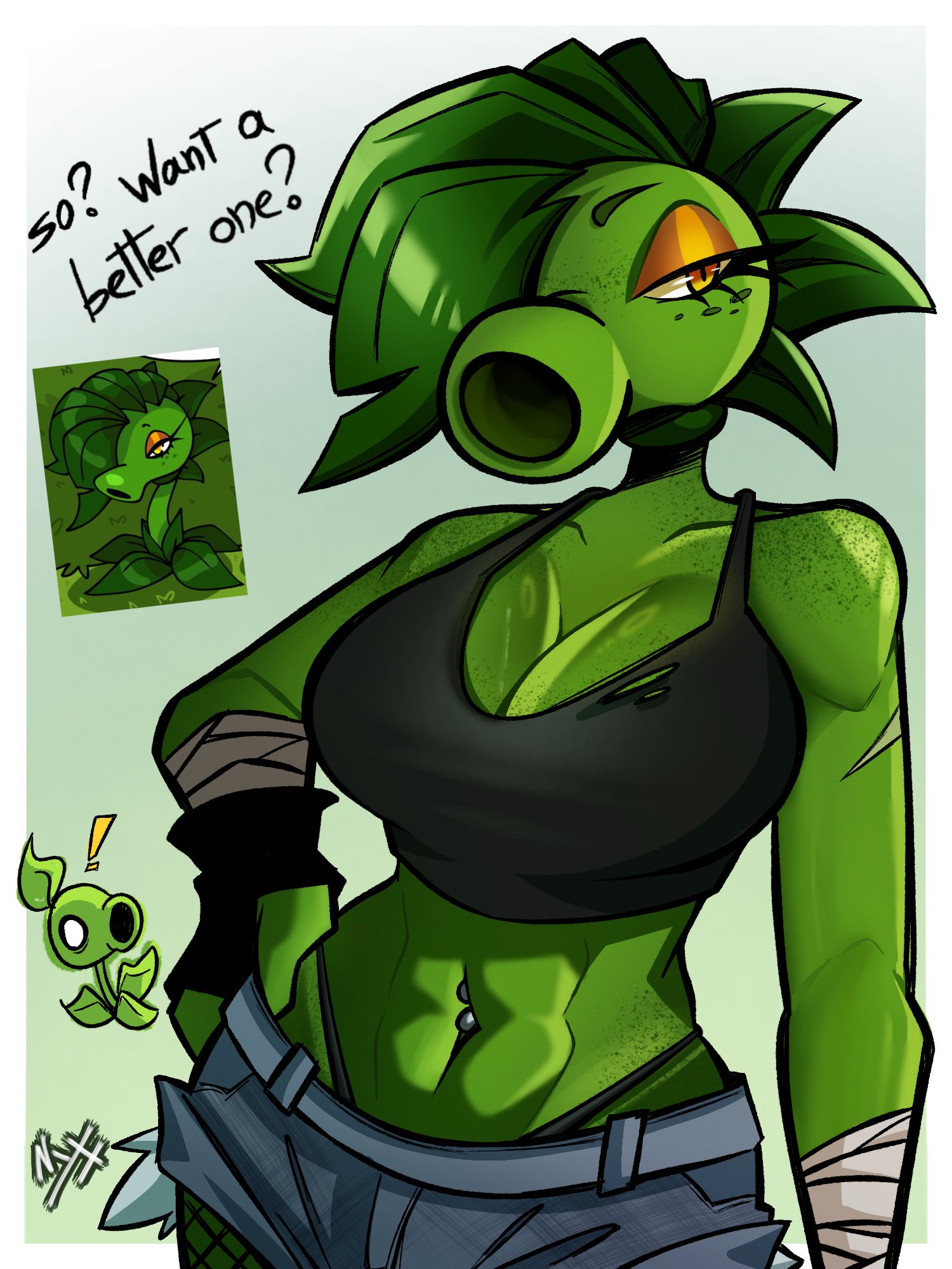 1boy, 1girls, 2d, anthro, anthro character, breasts, electronic arts, female, flora fauna, larger female, male, one eye obstructed, original character, peablaze (leafpaw), peashooter (pvz), plant girl, plant humanoid, plantie, plants vs zombies, popcap, popcap games, pussy, pvz, size difference, smaller male, tagme (artist), video game, video game character