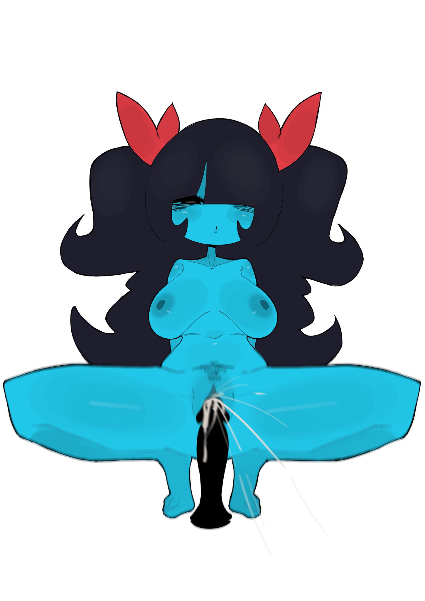 2d, 2d (artwork), aged up, aqua (deltarune), black dildo, blue skin, curvy figure, deltarune, deltarune chapter 5, dildo, dildo in pussy, hair over one eye, hss dada, long hair, looking at viewer