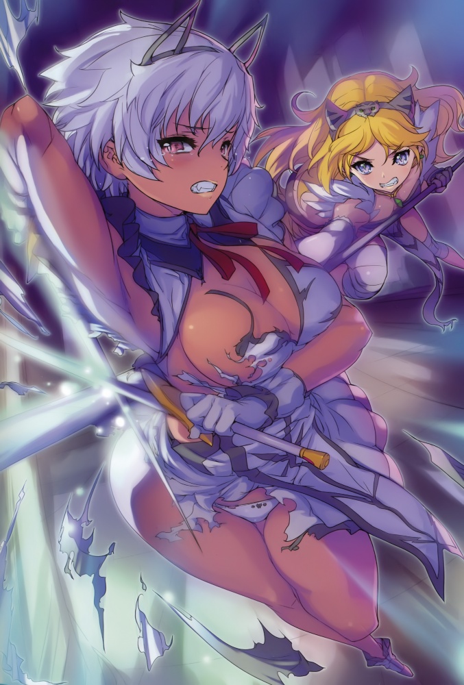 2girls dark-skinned_female dark_skin elina_vance headband irma_(queen's_blade) multiple_girls pink_eyes queen's_blade torn_clothes torn_clothing white_hair