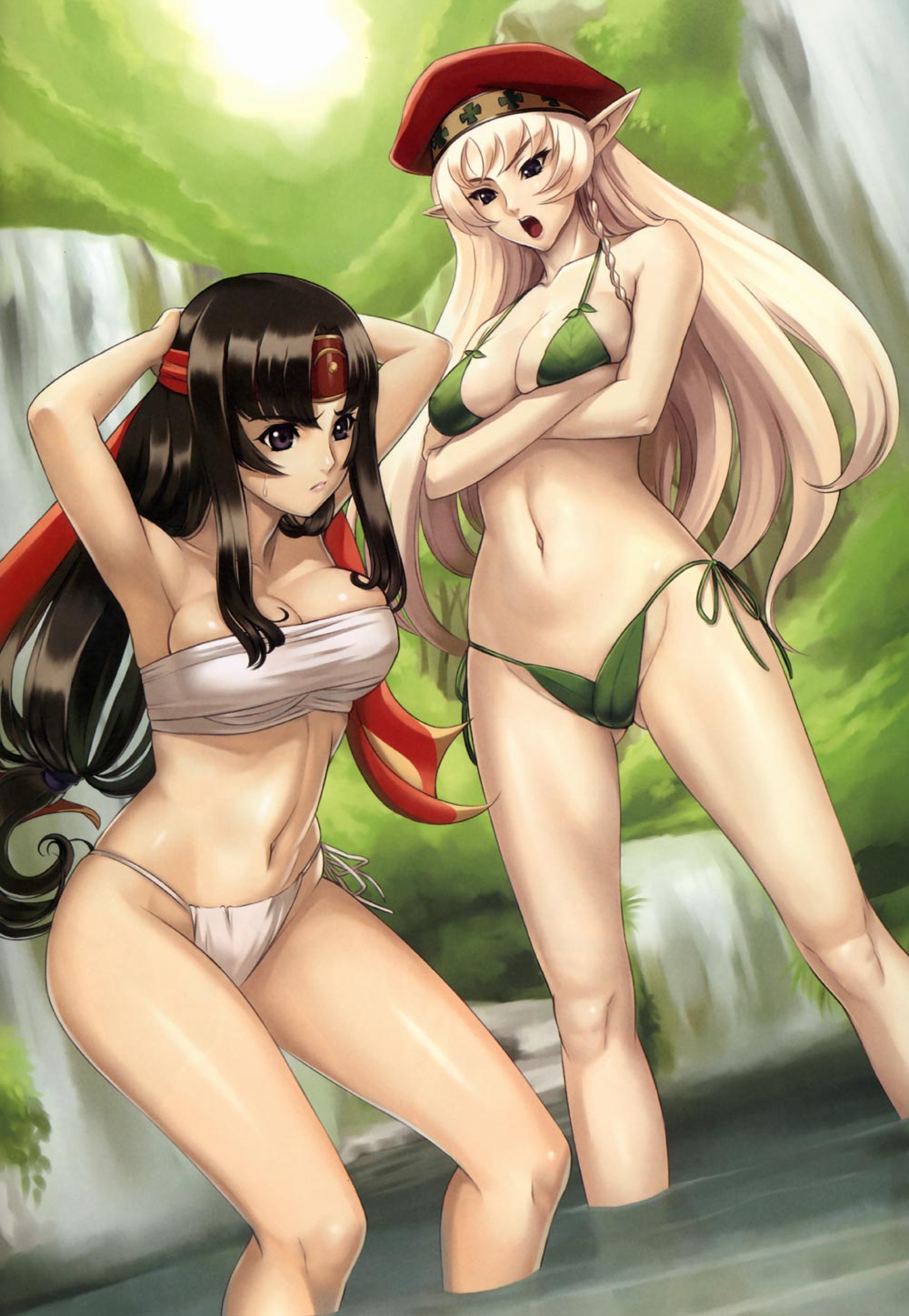 2girls allean alleyne arms_behind_head blonde_hair brown_eyes brown_hair cleavage female long_hair multiple_girls navel open_mouth pointy_ears queen's_blade tomoe