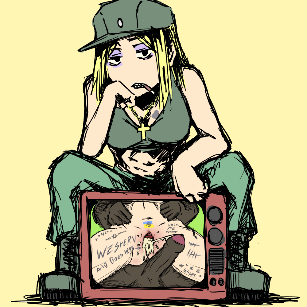 1boy, 1girls, azov, azov battalion, azov chan, black male, blacked, blonde female, body writing, cigarette, creampie, dark-skinned male, drawfag, dvd, interracial, marichka, nakadashi, qos, qos tattoo, queen of spades, raceplay, slavic squat, star of david, tagme, ukrainian flag, vaginal penetration