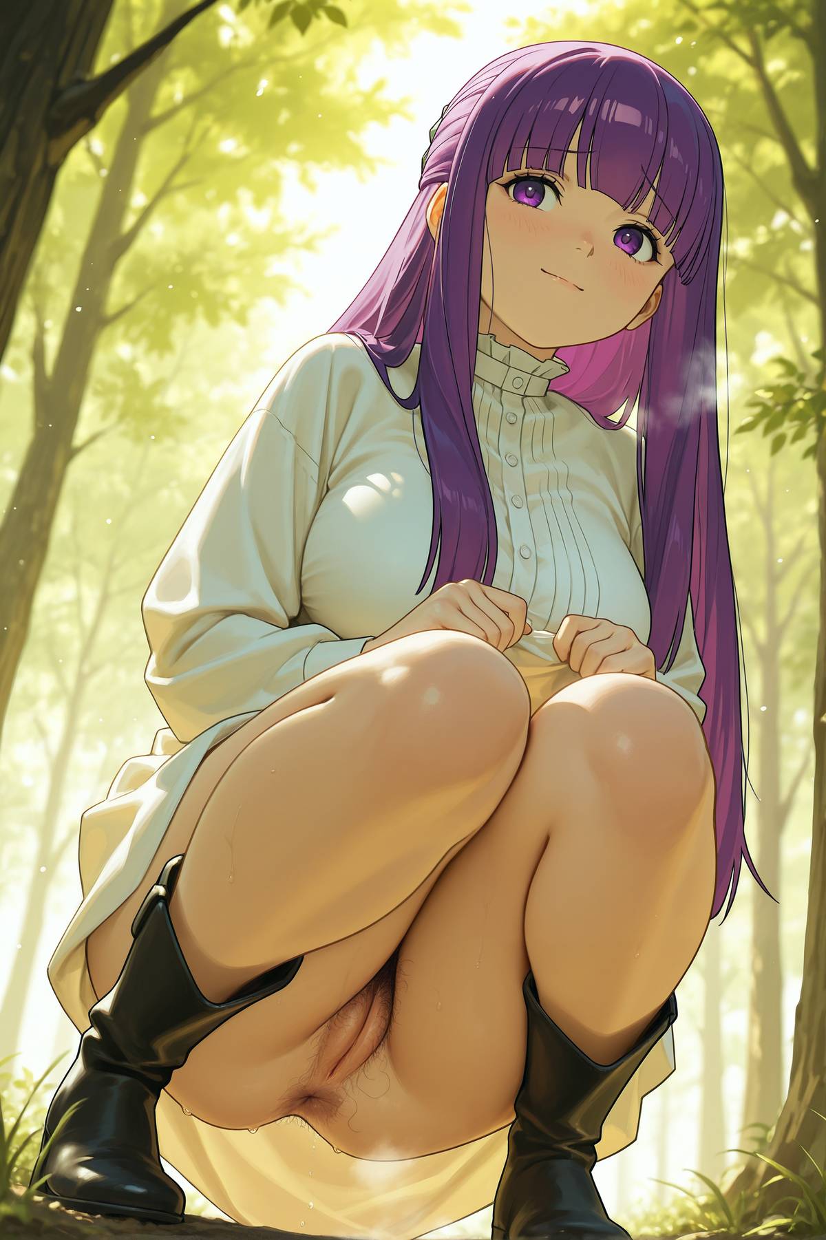 1girl, 2025, 2026, 4k, absurd res, absurdres, ai, ai art, ai assisted, ai generated, ai-created, ai-generated, alphai, anal hair, anime, anus, anus peek, ass, blunt bangs, blush, blushing, boots, bottomless, breasts, buttocks, centered character, chubby, cinematic lighting, close-up, clothing, colorful background, curvy, curvy ass, curvy body, curvy female, curvy figure, curvy hips, depth of field, detailed hair, detailed skin, detailled background, dramatic shadows, dress, dress lift, excessive pubic hair, eyelashes, eyeliner, female, female face, female focus, female only, fern (sousou no frieren), footwear, forest, frieren beyond journey's end, hairy, hairy anus, high quality, high resolution, highres, hime cut, huge breasts, large breasts, legs together, long hair, low angle, naughty face, particles, patreon, patreon link, patreon url, patreon username, plump, pubic hair, purple eyes, purple hair, pussy, raised eyebrows, red face, seductive eyes, shy, solo, sousou no frieren, squatting, steam, steaming body, straight hair, thick thighs, vagina, very low angle, volumetric lighting, watermark, wide hips