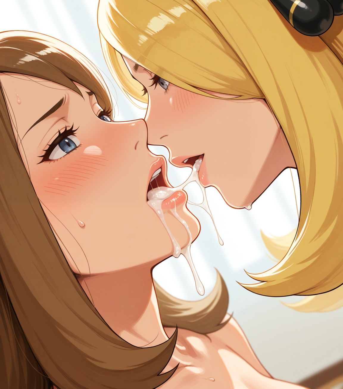 2girls, ai generated, blonde hair, blue eyes, blush, close-up, closeup, cum in mouth, cum kiss, cum swap, cum swapping, cumdrip, cynthia (pokemon), imminent kiss, implied after sex, lips, may (pokemon), nintendo, nude, older female and younger female, pokemon, pokemon dppt, pokemon rse, room, uncensored, vilerune, yuri