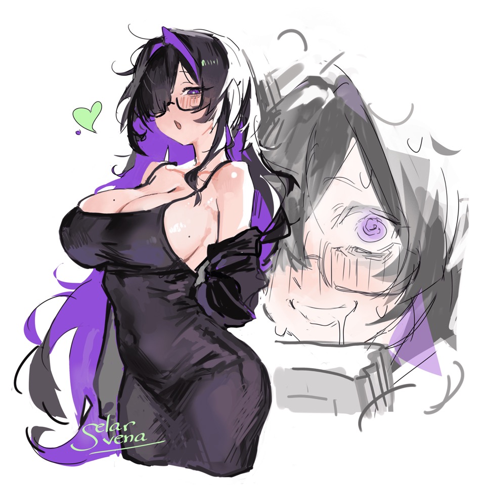 belly button, belly button visible through clothing, big breasts, black dress, black hair, busty, busty female, curvy, curvy female, drooling, glasses, goddess of victory: nikke, hair over one eye, jacket, jacket on shoulders, label (nikke), long hair, mouth open, purple hair, sideboob, thick thighs, wide hips
