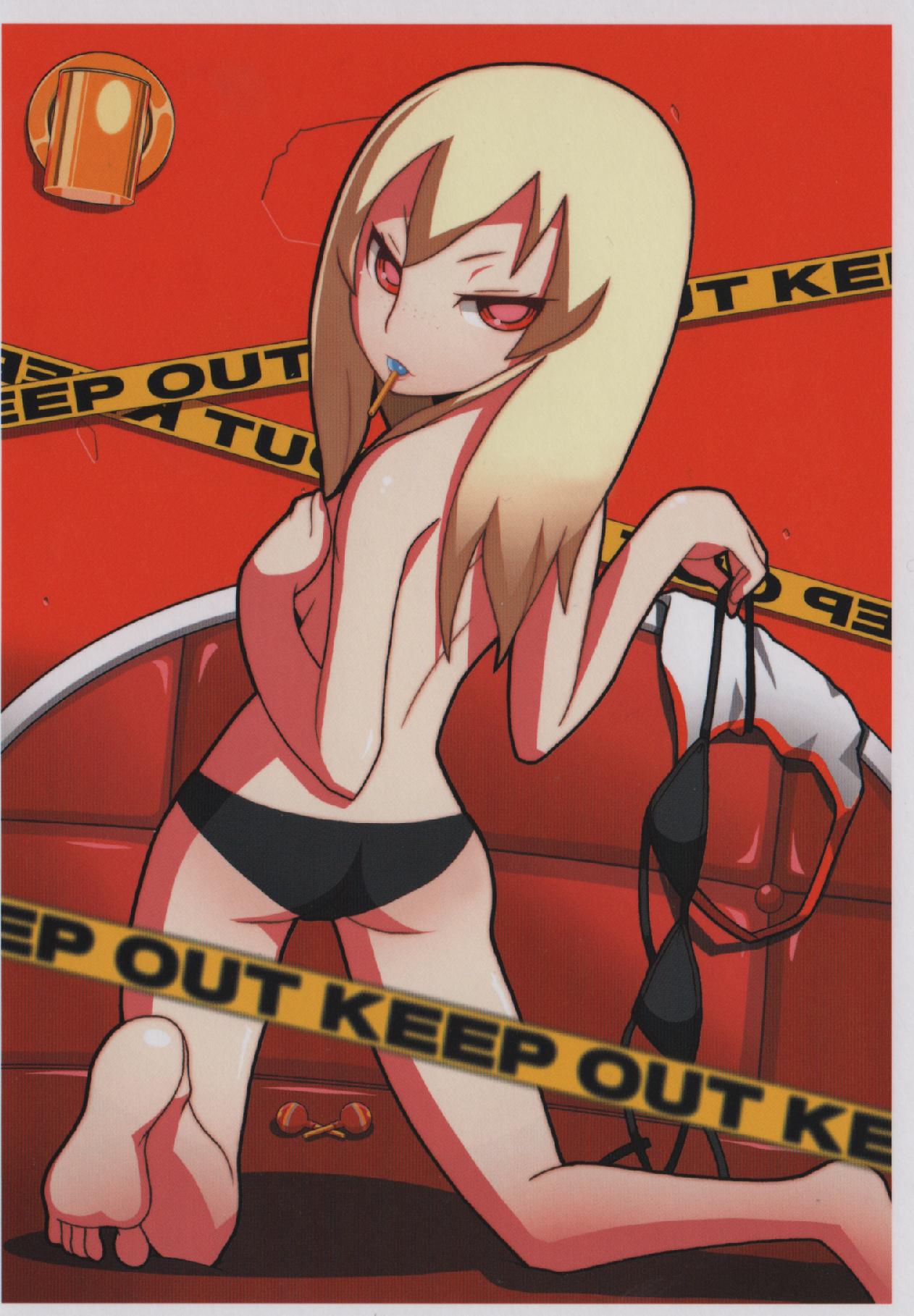 bikini blonde_hair candy caution_tape freckles highres imaizumi_teruhiko jeane_(nmh) lollipop long_hair no_more_heroes red_eyes suda_51 swimsuit topless