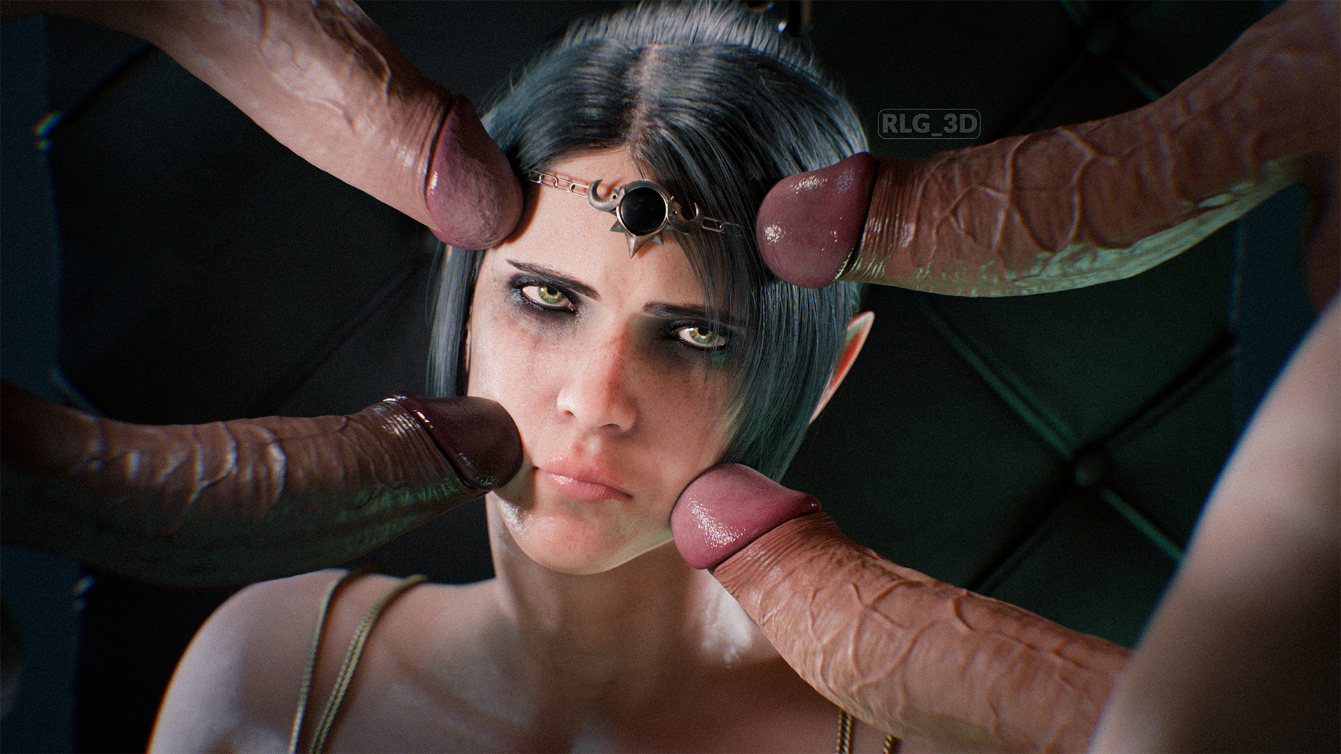 1girls, 3d, 3d render, 4 penises, 4boys, baldur's gate, baldur's gate 3, balls, big penis, black hair, braided hair, circlet, elf female, green eyes, huge cock, meme, multiple penises, penis on face, pointy ears, pout, redline surrounded by guns (meme), rlg 3d, scar, shadowheart, spine (game), straight, surrounded by penises, veiny penis
