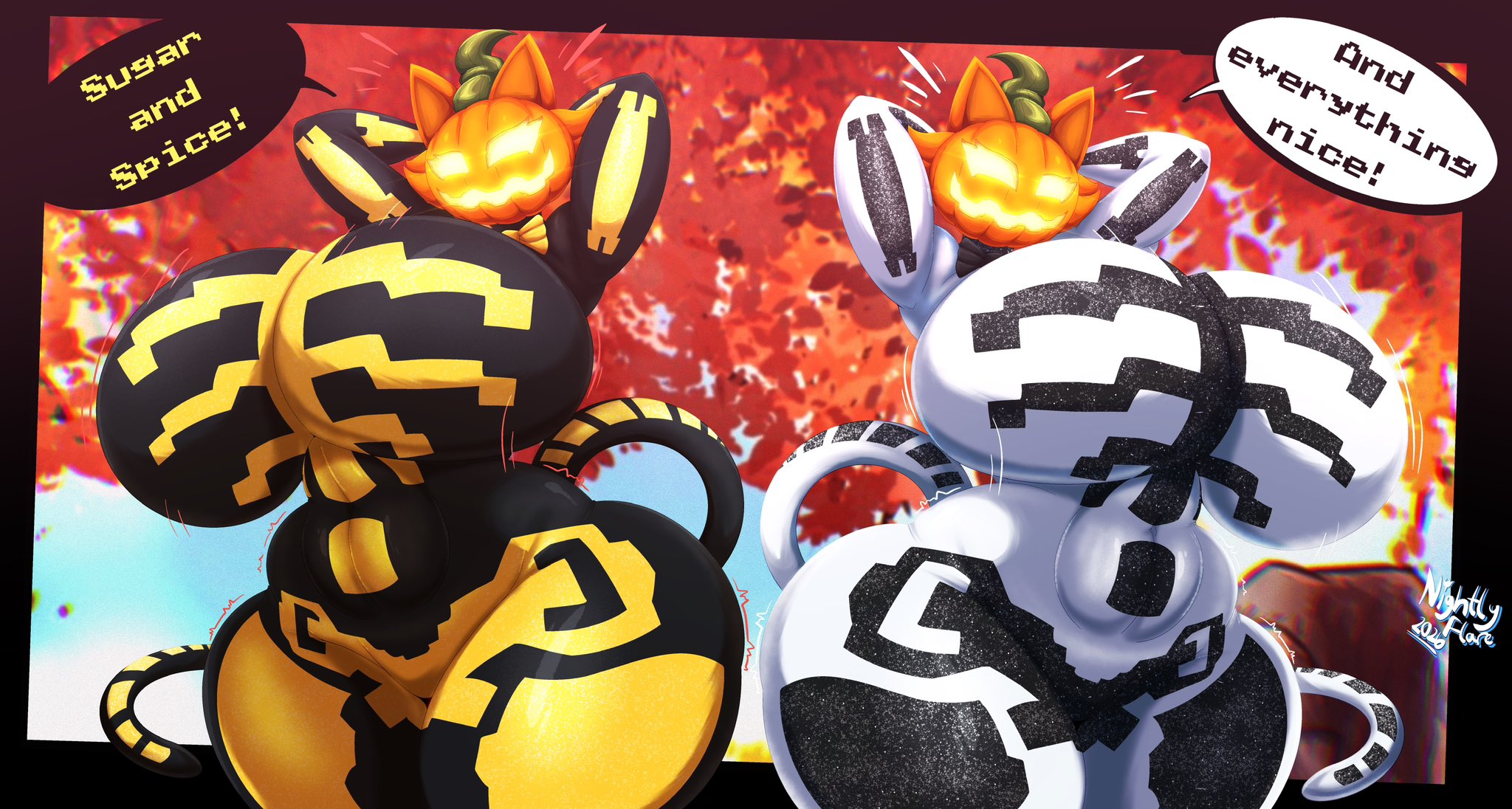 2026, 2girls, anthro, ass, big ass, big breasts, big butt, bodysuit, booty, bubble butt, cat ears, cat girl, cat humanoid, cat tail, catgirl, dialogue, epic games, fat ass, fat butt, feline, feline humanoid, female, female focus, female only, fortnite, fortnite: battle royale, fortnitemares, hands on ass, hands on butt, hands on own ass, hands on own butt, huge ass, huge breasts, humanoid, hyper, hyper ass, hyper breasts, hyper thighs, jack-o'-lantern, looking back, nightlyflare, pumpkin, pumpkin head, rear view, skeleton costume, skinsuit, solo, solo female, solo focus, spice (fortnite), tail, text, thick ass, thick butt