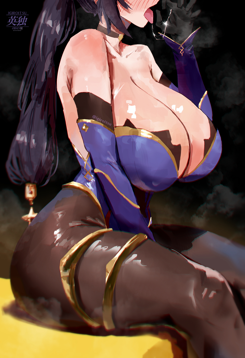 blowjob gesture, genshin impact, igiroitsu, large breasts, mona (genshin impact), tagme, thighs