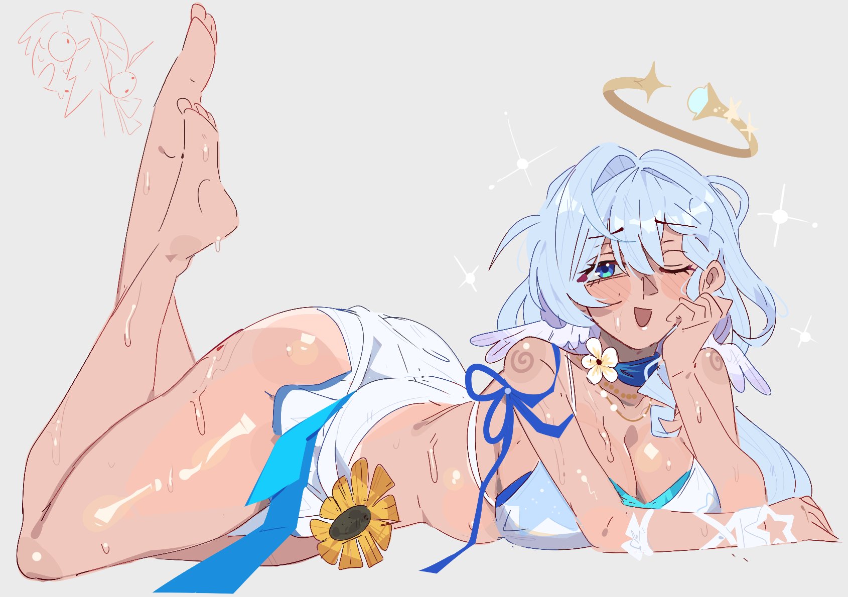 1girl, 1girls, angel, angel wings, ass, big ass, big breasts, bikini, blue eyes, blue hair, breasts, collarbone, commentary, female, female focus, female only, green eyes, halo, highres, honkai (series), honkai: star rail, huge ass, huge breasts, legs up, long hair, looking at viewer, lying, lying on stomach, mouth open, on stomach, one eye closed, open mouth, robin (honkai: star rail), robin (summeretto) (honkai: star rail), sideboob, smile, solo, swimsuit, tan body, tanline, thick thighs, thighs, unfamousradish, white swimsuit