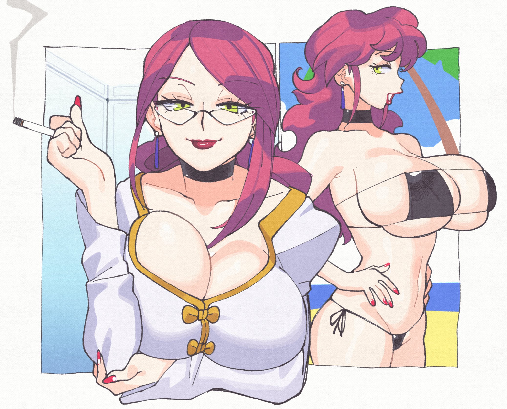 1girls, 2d, aoi kiriko, bikini, breasts, breasts bigger than head, busty, choker, cigarette, cleavage, female, female only, glasses, inkuusan, light skin, light-skinned female, looking at viewer, mature female, red hair, shinkon gattai godannar!!, solo, solo female, tagme, thick thighs, thighs, top heavy, yellow eyes