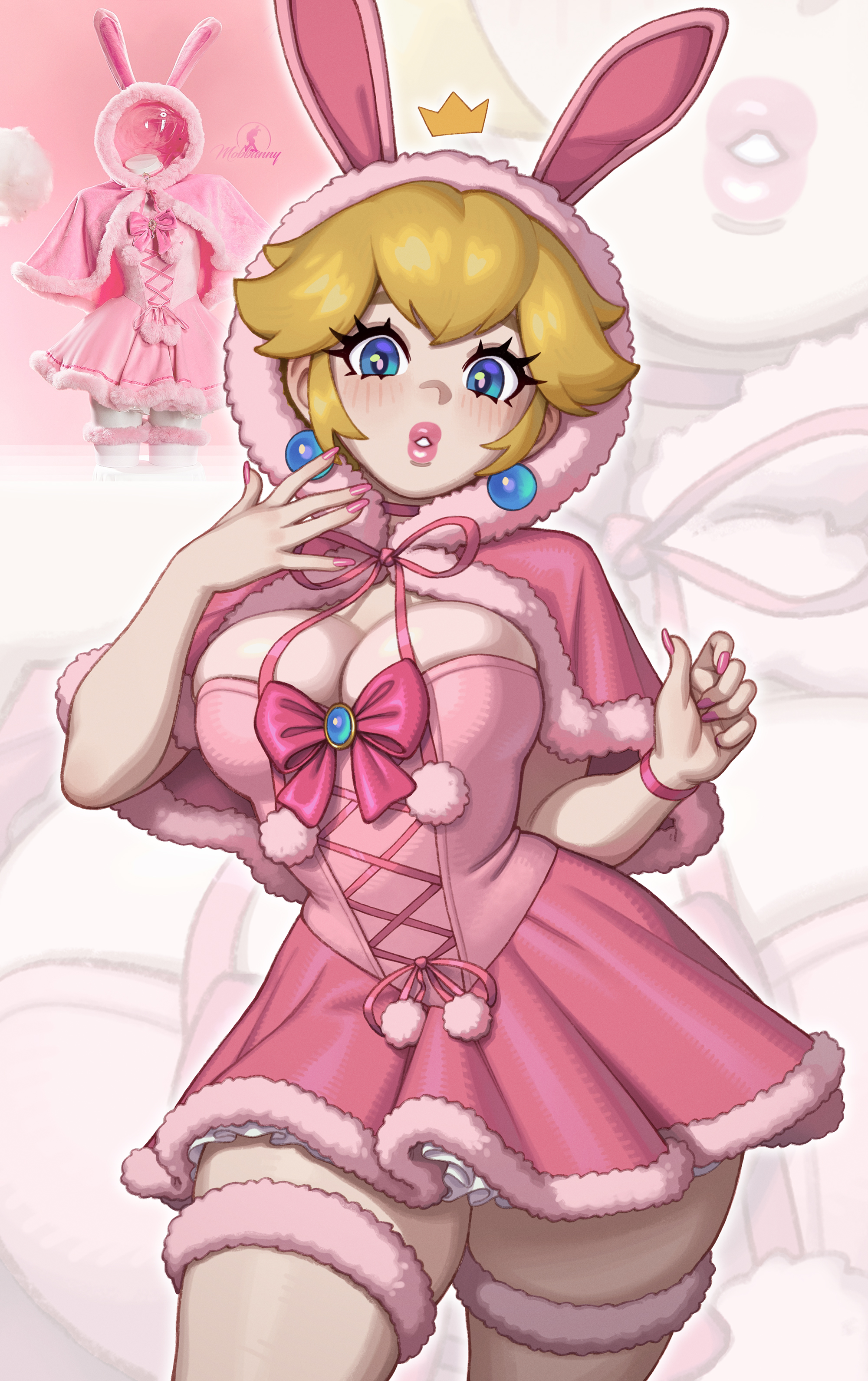 1girls, 2d, blonde hair, blue eyes, breasts, cleavage, clothed, clothed female, corset, fake animal ears, female, female only, light skin, light-skinned female, looking at viewer, mario (series), nintendo, princess peach, rabbit ears, rizdraws, solo, solo female, tagme, thick thighs, thighhighs, thighs