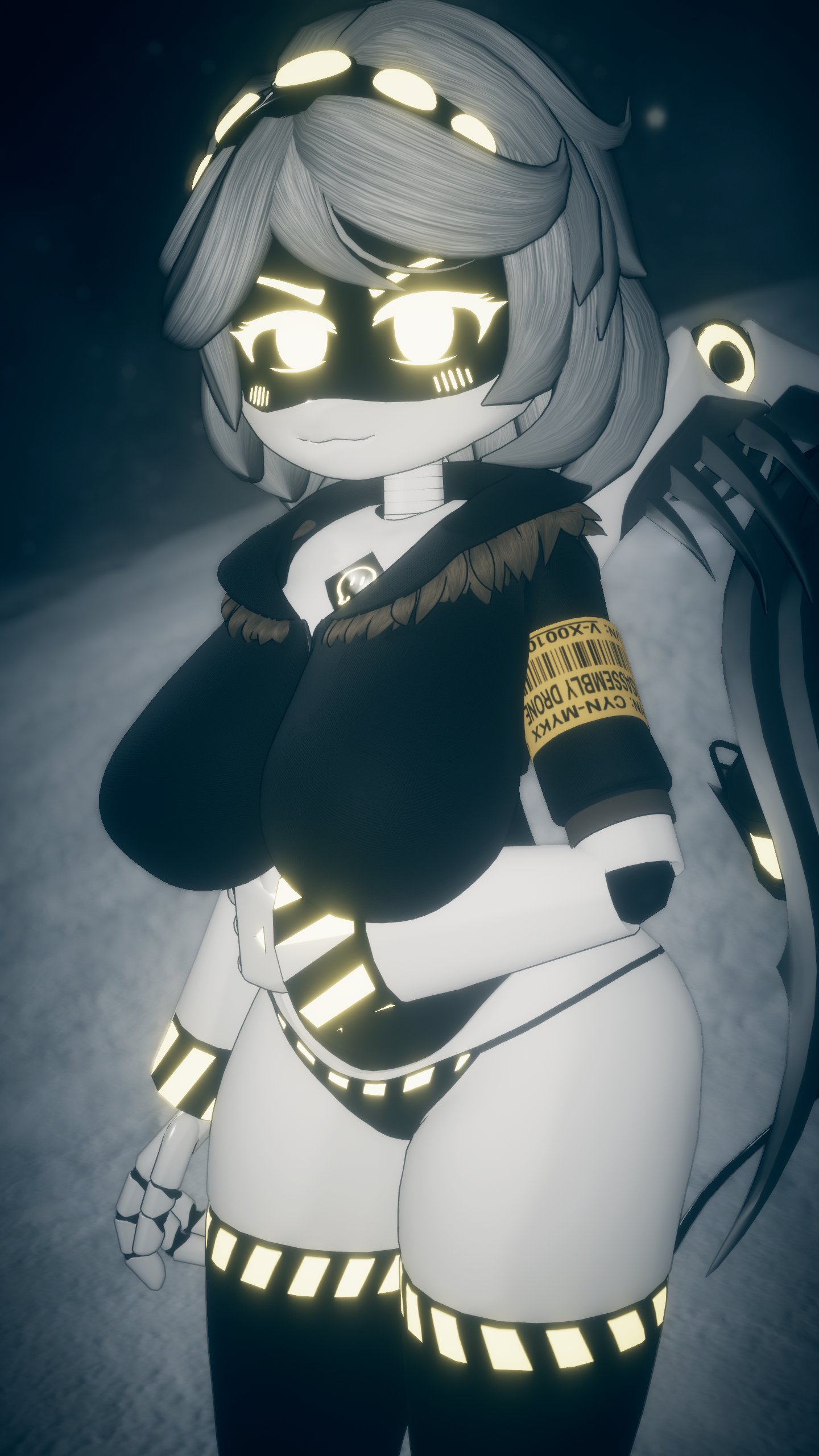 1girls, artist request, ass, big ass, big breasts, big thighs, breasts, cropped jacket, drone, female, female focus, female only, glitch productions, jacket, long hair, looking at viewer, murder drones, panties, robot, robot girl, screen face, short hair, silver hair, thick thighs, thighs, v (murder drones), vrchat, vrchat avatar, yellow eyes