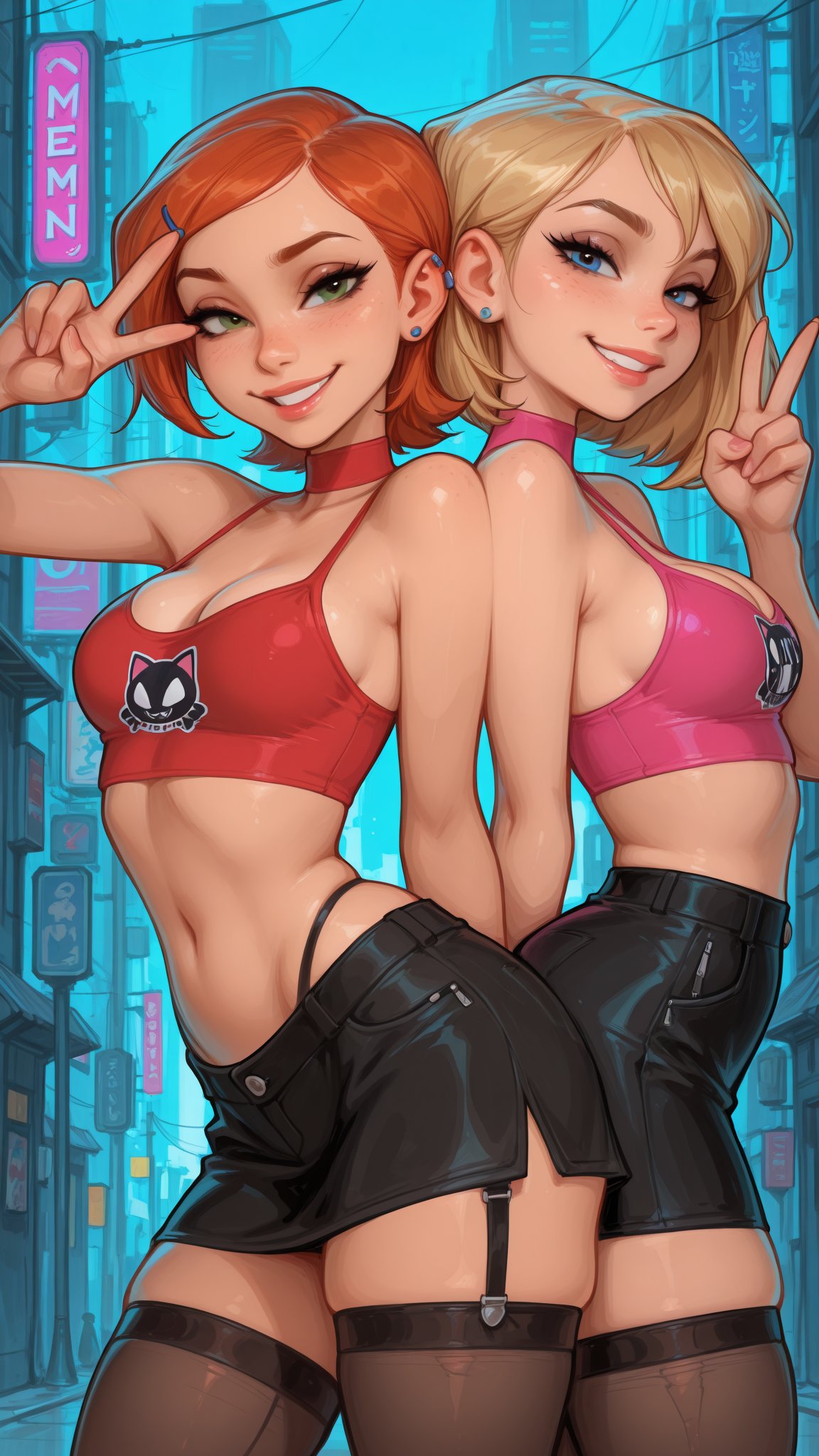 2girls, ai generated, ben 10, crossover, eraofmeat, female, female only, gwen stacy, gwen tennyson, marvel, meat master, multiple girls, skirt, spider-man (series), teenage girl, teenage prostitute