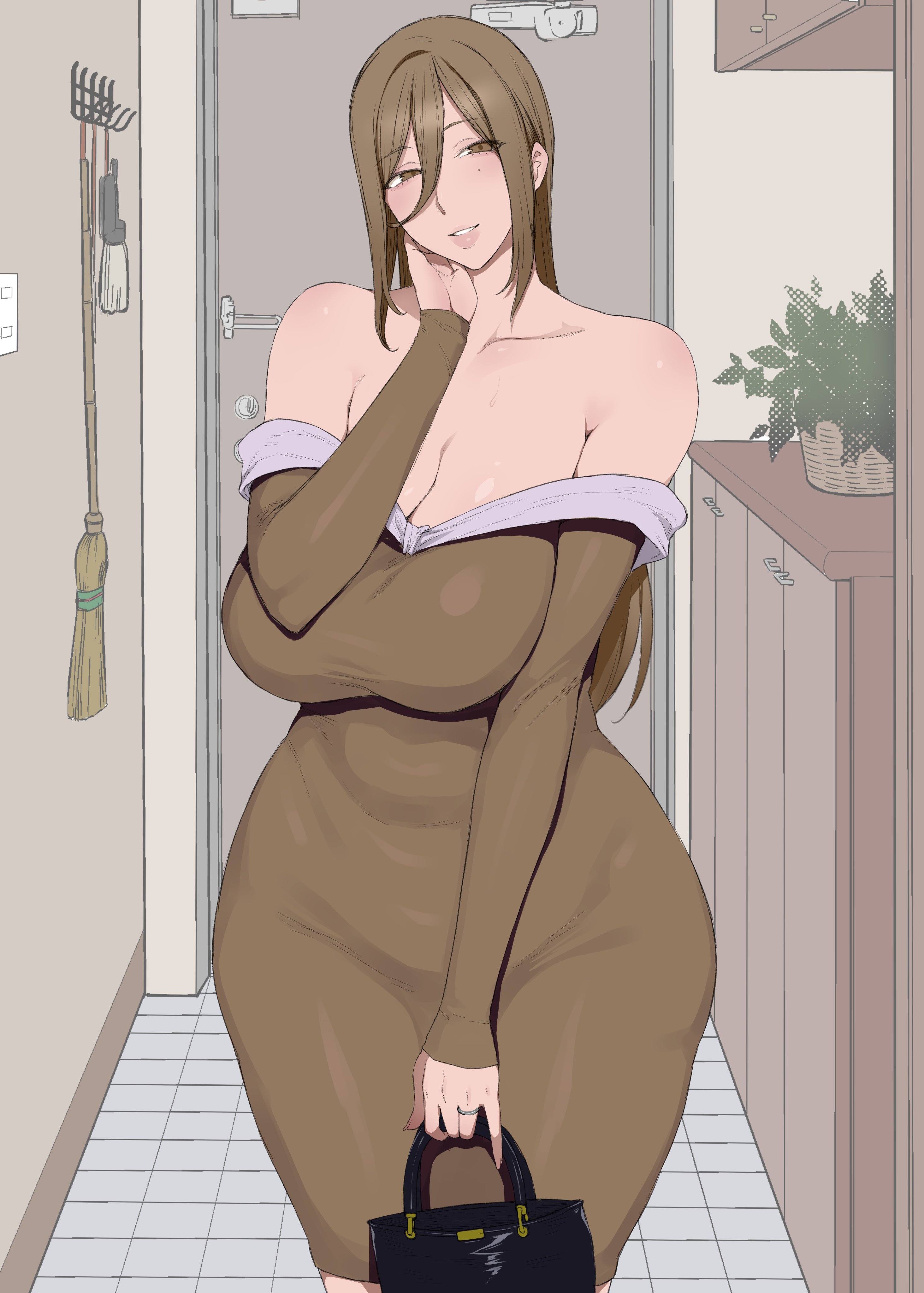 1girl, breasts, huge breasts, indoors, long hair, mature female, ring, solo, yesman (cvbnyesman)