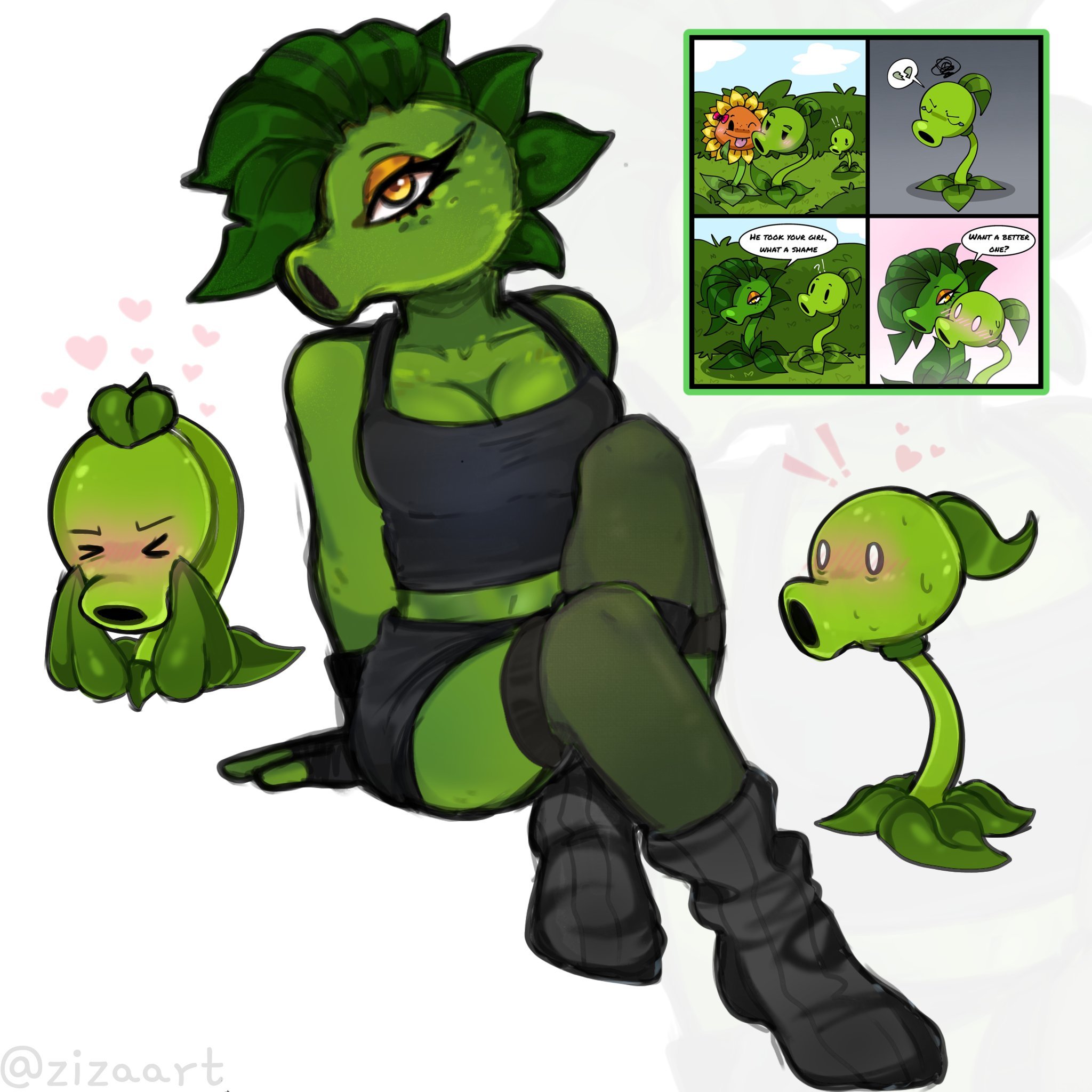 1boy, 1girls, anthro, anthro character, breasts, electronic arts, female, flora fauna, larger female, male, one eye obstructed, original character, peablaze (leafpaw), peashooter (pvz), plant girl, plant humanoid, plantie, plants vs zombies, popcap, popcap games, pussy, pvz, size difference, smaller male, tagme (artist), video game, video game character