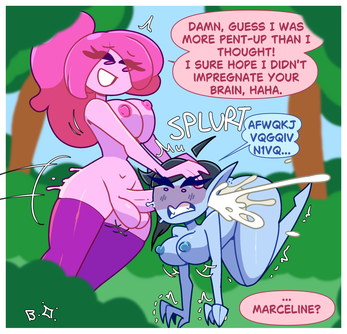 1futa, 1girls, adventure time, big breasts, big penis, blightstar, blue body, blue skin, brain fuck, cartoon network, cum, cum from ear, cum in brain, cum in ear, cum inside, dialogue, ear fuck, ear penetration, english, english text, female, floating, futa on female, futanari, large breasts, large penis, marceline, mind break, outdoor nudity, outdoor sex, outdoors, penis, pink body, pink eyes, pink hair, pink nipples, pink penis, pink skin, pointy ears, ponytail, princess bubblegum, skull fucking, speech bubble, thighhighs, thighhighs only, wide hips