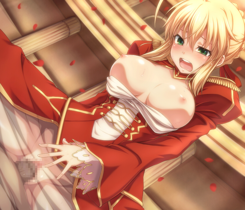 ahoge blonde_hair blush breasts censored cowgirl_position dress dutch_angle epaulettes fate/extra fate_(series) female green_eyes hair_ribbon large_breasts large_penis mosaic_censoring nero_claudius_(fate) nipples open_clothes open_mouth penis petals pokiyu pussy ribbon see-through sex shiny shiny_skin solo tear uneven_eyes vaginal_penetration