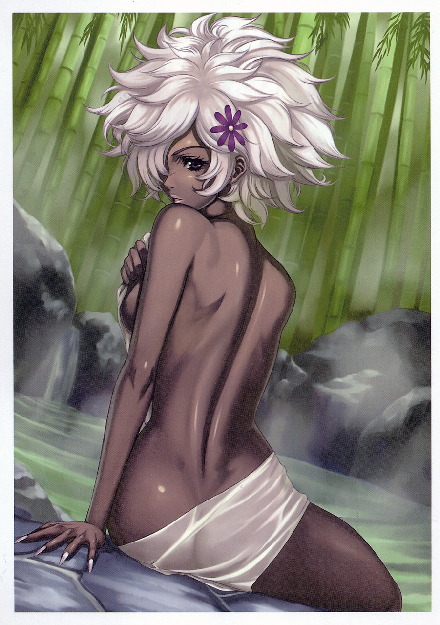 afro ass back bamboo bamboo_forest breasts dark-skinned_female dark_skin eiwa female female_only fingernails flower forest hair_ornament hair_over_one_eye highres long_fingernails looking_back nail nails nature no_more_heroes nude onsen shinobu_jacobs short_hair sideboob solo steam suda_51 towel water white_hair