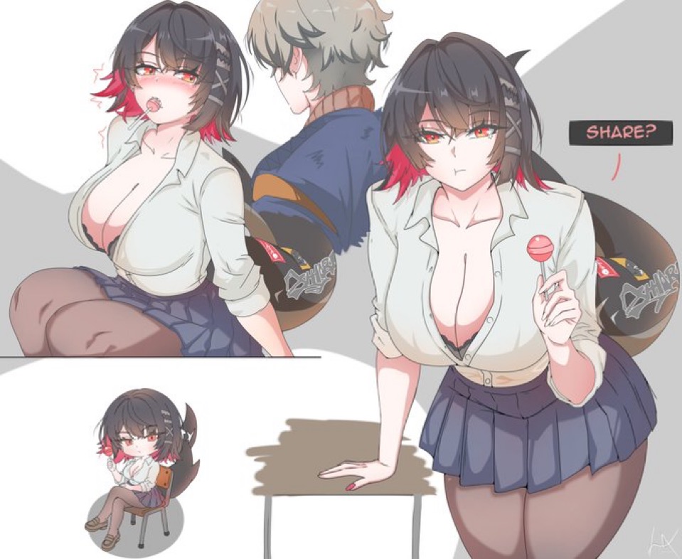 1boy, 1girls, artzyzen, bangs, big breasts, black and red hair, bra, breasts, busty, busty female, cleavage, cleavage overflow, colored nails, curvy, curvy female, ellen joe, ellen joe (on campus), female, grey hair, huge breasts, laizent art, large breasts, lollipop, long nails, male, male/female, painted nails, pantyhose, red nails, school uniform, schoolgirl, shark, shark girl, short hair, skirt, tail, thick thighs, thighs, visible bra, wide hips, wise (zenless zone zero), zenless zone zero