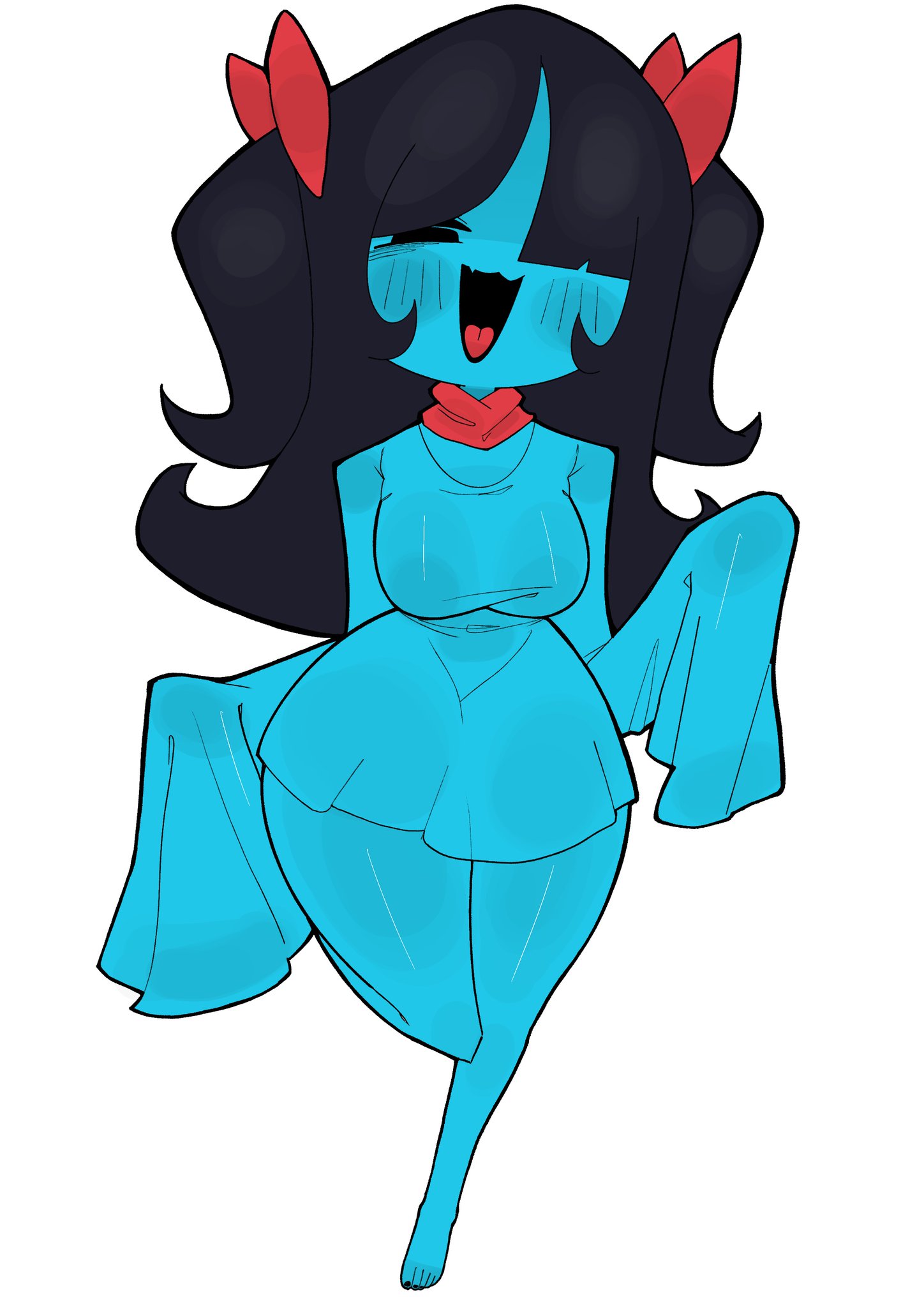 2d, 2d (artwork), aged up, aqua (deltarune), blue skin, curvy figure, deltarune, deltarune chapter 5, hair over one eye, hss dada, looking at viewer, short dress, sleeves past wrists