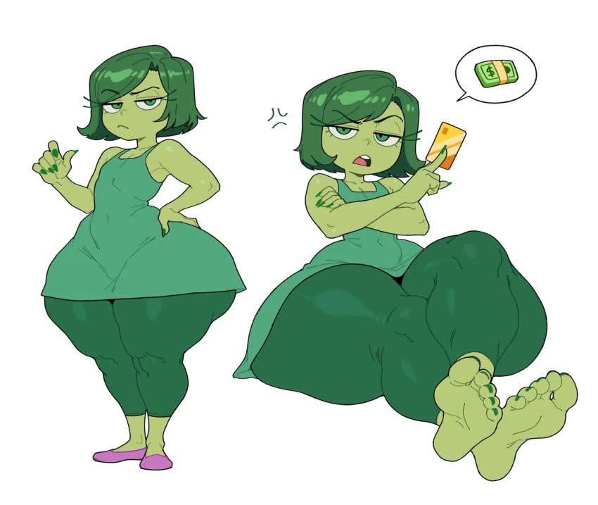 1girls, barefoot, bottom heavy, disgust (inside out), dollar bills, dress, female, green hair, green skin, inside out, justafunguy23, pants, thick thighs