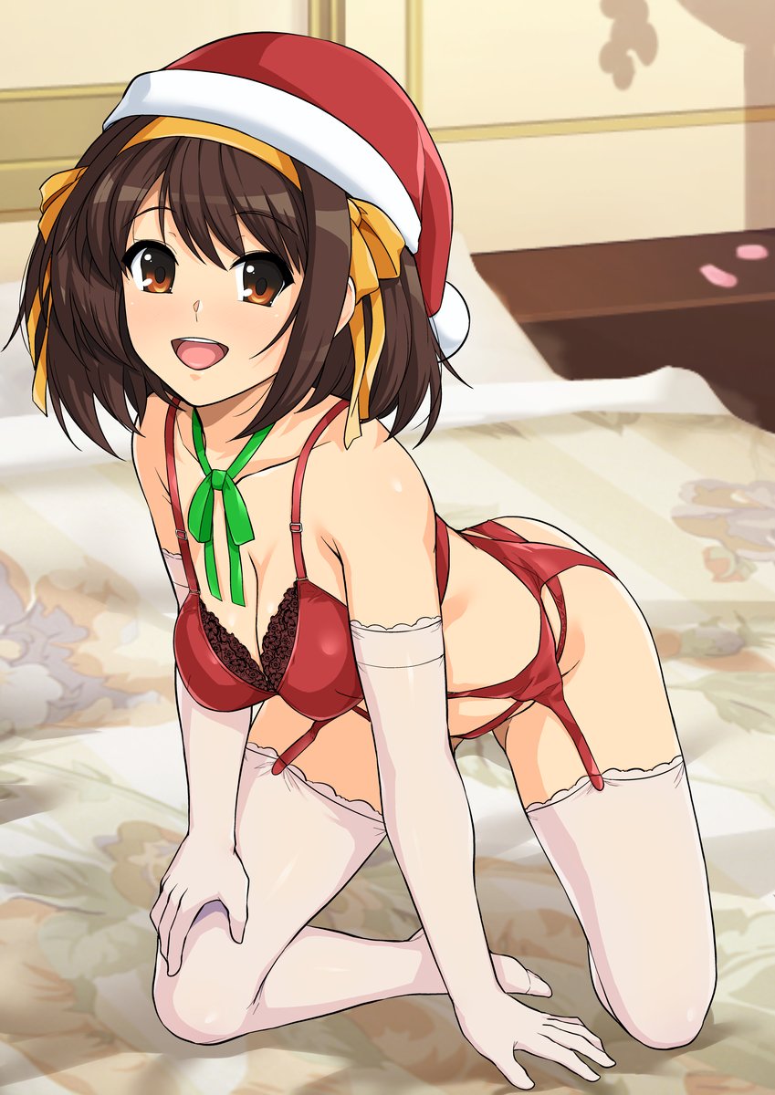 bra, breasts, christmas, female, haruhisky, large breasts, panties, stockings, suzumiya haruhi, suzumiya haruhi no yuuutsu