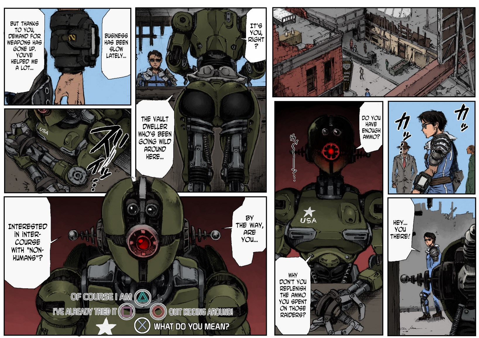 assaultron, comic, double deck, encouragement, fallout, fallout 4, female, femdom, kl-e-0, legs, male, mechanical, muscular, muscular female, robot, robot girl, robot humanoid, soft domination