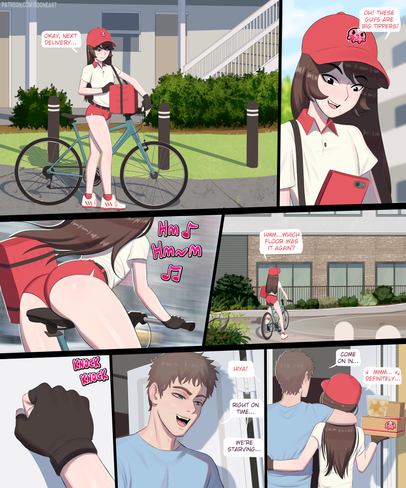 2boys ass_focus bdone bike brown_hair cap cellphone comic delivery delivery_boy dialogue femboy girly hat highres imminent_sex inviting long_hair original outdoors pale-skinned_male pale_skin ryo_(bdone) shorts smartphone text text_bubble trap