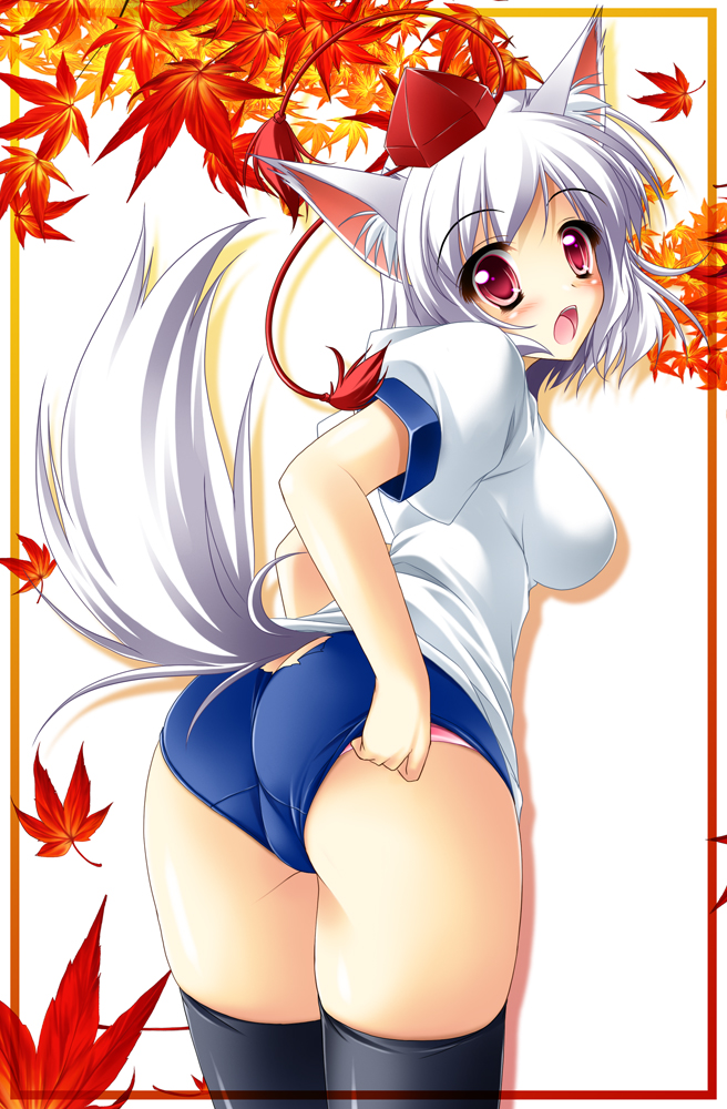 adjusting_clothes animal_ears bent_over big_butt blush buruma butt gym_uniform kamiya_tomoe looking_at_viewer looking_back momiji_inubashiri panties panty_peek pink_eyes pink_panties standing tagme tail thighhighs thighs touhou trefoil white_hair wolf_ears wolf_girl wolf_tail