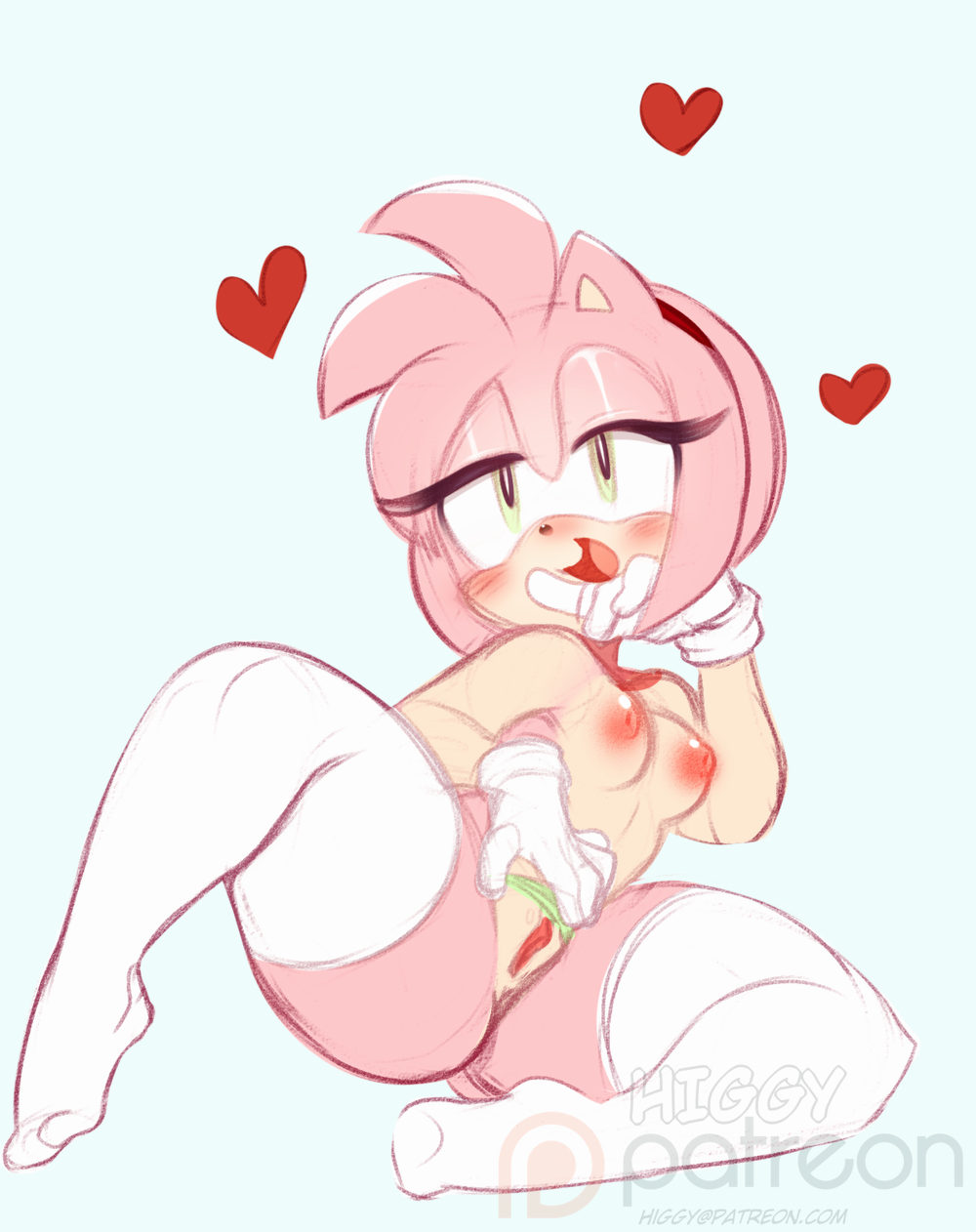 amy rose, anthro, blush, breasts, clothing, clothing aside, female, fur, furry, furry only, green eyes, heart, higgyy, nipples, pink fur, pink hair, presenting, presenting pussy, pussy, seductive, sketch, small breasts, solo, sonic (series), sonic the hedgehog (series), stockings