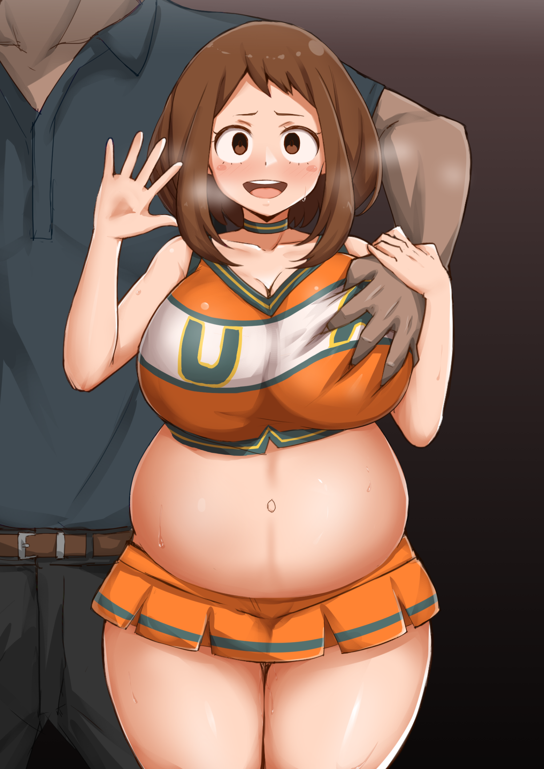 1boy, 1girls, absurd res, big breasts, blush, breasts, brown eyes, brown hair, cheerleader, cheerleader uniform, choker, curvy figure, dark skin, dark-skinned male, eye contact, female, high resolution, huge breasts, large breasts, looking at viewer, male, my hero academia, ntr, ochako uraraka, pregnant, pregnant milf, short hair, size difference, skirt, smaller female, standing, textless, thick thighs, thighs, u.a. cheerleader outfit, wide hips, yamaori