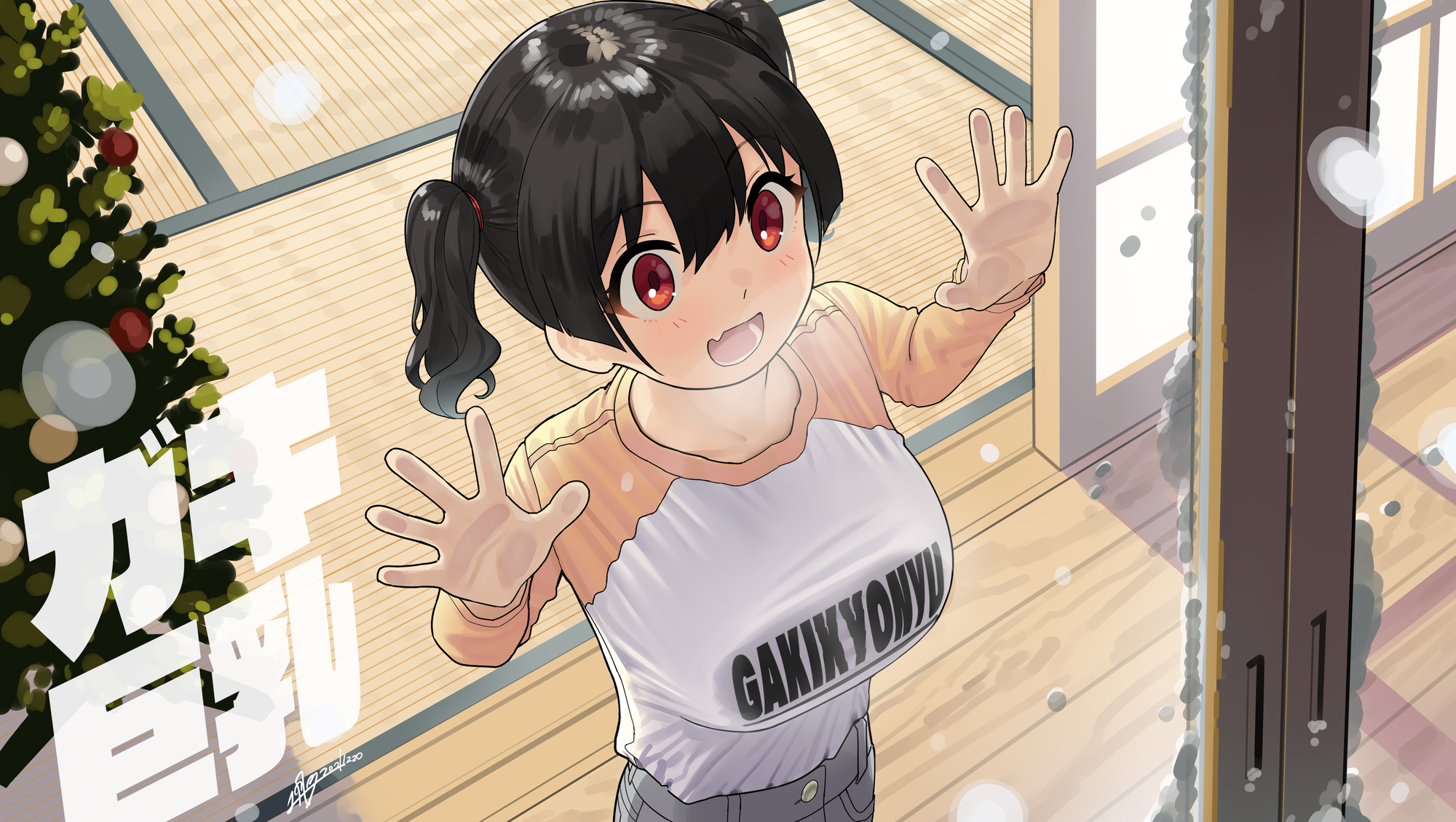 1girls, 2021, absurd res, against glass, artist name, black hair, breast press, breasts, christmas, christmas tree, clothes writing, dated, eyebrows visible through hair, fangs, female, female only, gaki kyonyuu, hair between eyes, happy, highres, indoors, japanese text, kaedeko (kaedelic), kanna sasaki (kaedeko), large breasts, open mouth, original, red eyes, shirt, short hair, short twintails, shorts, signature, snow, solo, standing, teeth, text, tied hair, tongue, tree, twintails, w arms, window