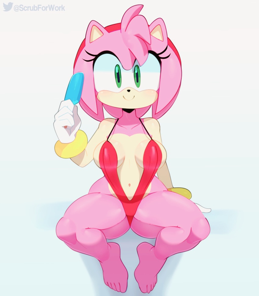 amy rose, cleavage, female, female only, pink fur, pink hair, popsicle, somescrub, sonic (series), swimsuit
