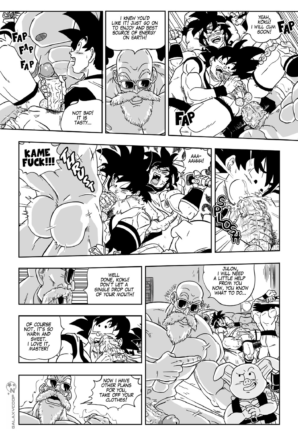 anal ass bara big_penis black_hair blowjob comic cum cum_in_mouth dragon_ball dragon_ball_super dragon_ball_z english_text galaxycoop gay male male/male male_only master_roshi muscular muscular_male naked older_male penetration saiyan son_goku text yamcha yaoi