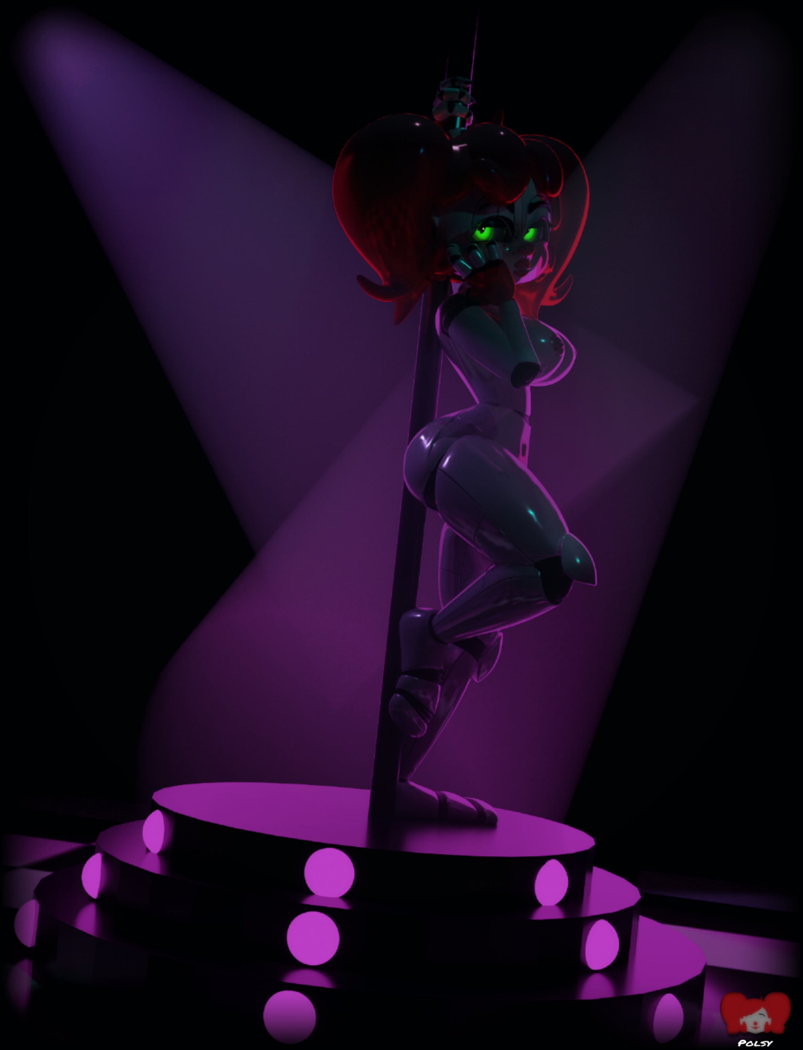 3d, animatronic, baby (fnafsl), blender, blender (software), blender cycles, breasts, breasts out, circus baby, circus baby (fnaf), female, five nights at freddy's, five nights at freddy's: sister location, green eyes, looking at viewer, navel, nude, pole, pole dancing, polsy, posing, red hair, so87baby, solo, summer baby (rynfox), summer of 87 baby, table dancing