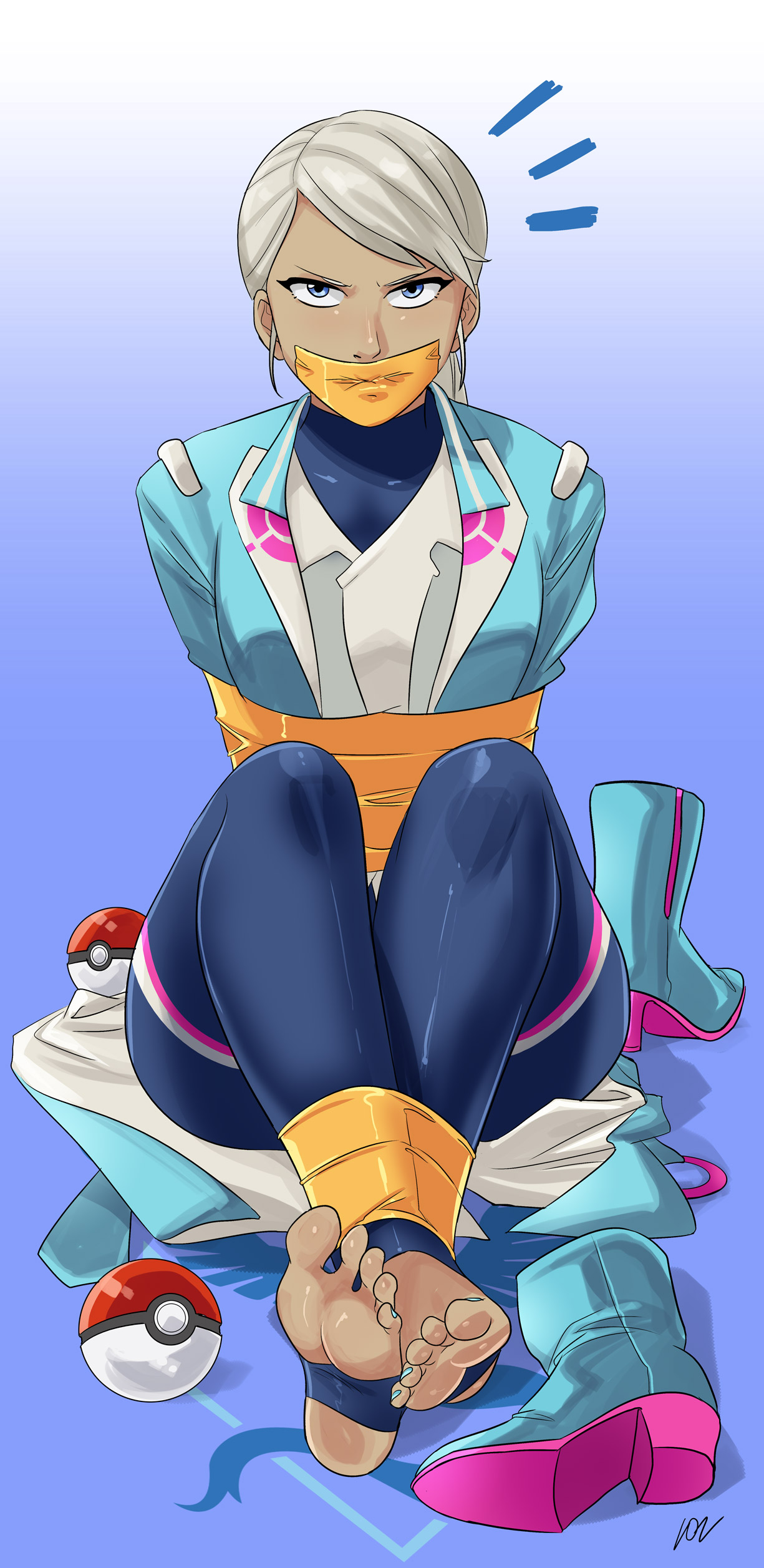 1girls, barefoot, blanche (pokemon), blue eyes, blue nails, blue toenails, bodysuit, bondage, boots, boots removed, bound, clothing, coat, female, female focus, female only, femsub, gag, gagged, hi res, jacket, jpg, looking at viewer, lostonezero, pokeball, pokemon, pokemon go, shiny clothes, sitting, skin tight, solo, tape bondage, tape gag, taped mouth, tight clothing, toenail polish, wetsuit, white hair