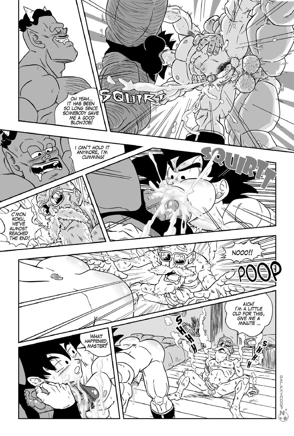 3boys anal anal_sex anthro bara big_penis black_hair blowjob blush comic cum cum_in_mouth doggy_style dragon_ball dragon_ball_super dragon_ball_z english_text forced galaxycoop gay gay_sex male male/male male_only master_roshi muscular muscular_male naked older_male oolong saiyan son_goku sunglasses threesome transformation yaoi