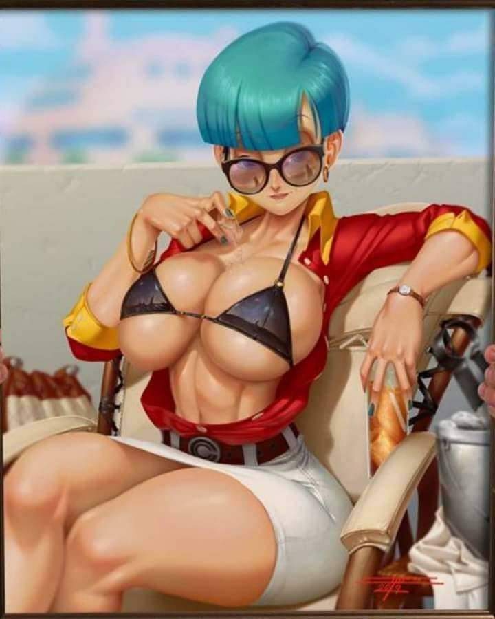 big breasts, bikini top, blue hair, breasts, bulma briefs, dragon ball, eyewear, female, latex, shades, sunglasses, taboolicious, tight clothing, tinted eyewear