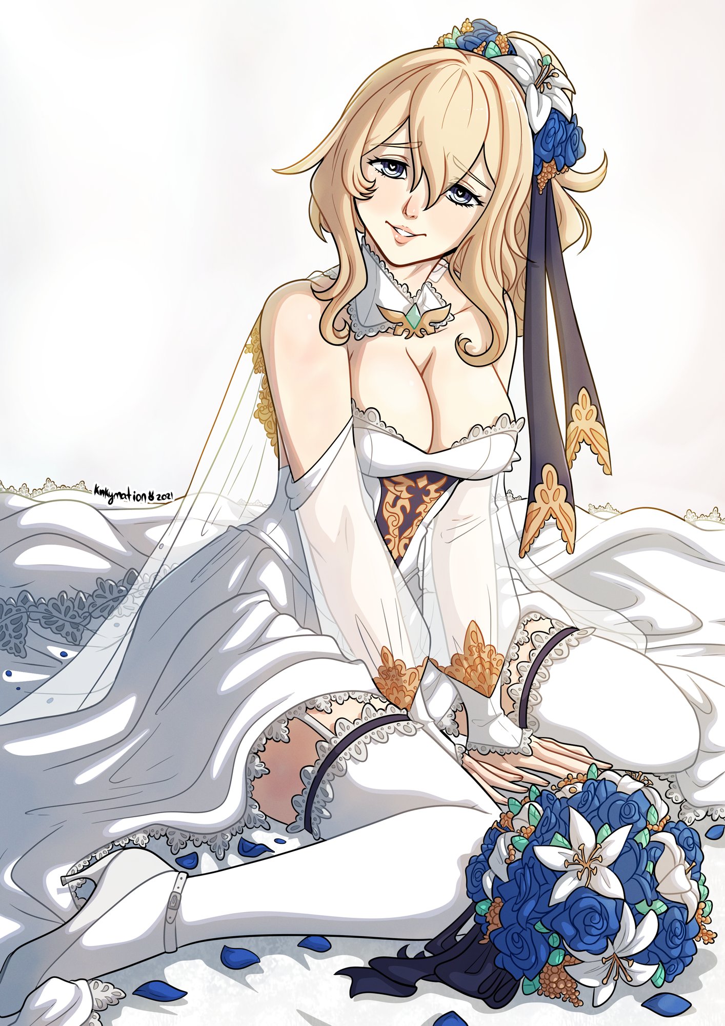 1girls, blonde hair, bouquet, bride, female, female only, flowers, garter straps, genshin impact, hair ornament, happy, heart-shaped pupils, heels, hi res, jean gunnhildr, kinkymation, kneeling, looking at viewer, ponytail, pov, pov eye contact, smile, solo, solo female, thighhighs, wedding dress, white background, white dress, white thighhighs, wholesome