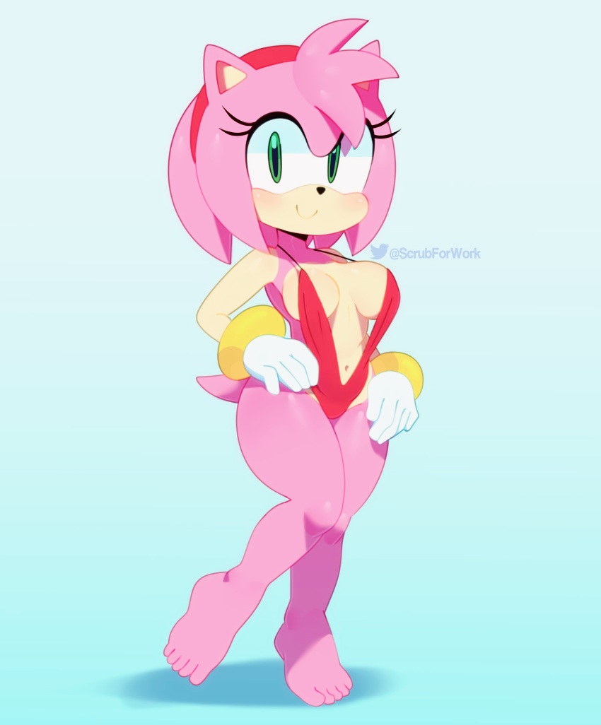 amy rose, cleavage, female, pink fur, pink hair, sling bikini, somescrub, sonic (series), swimsuit